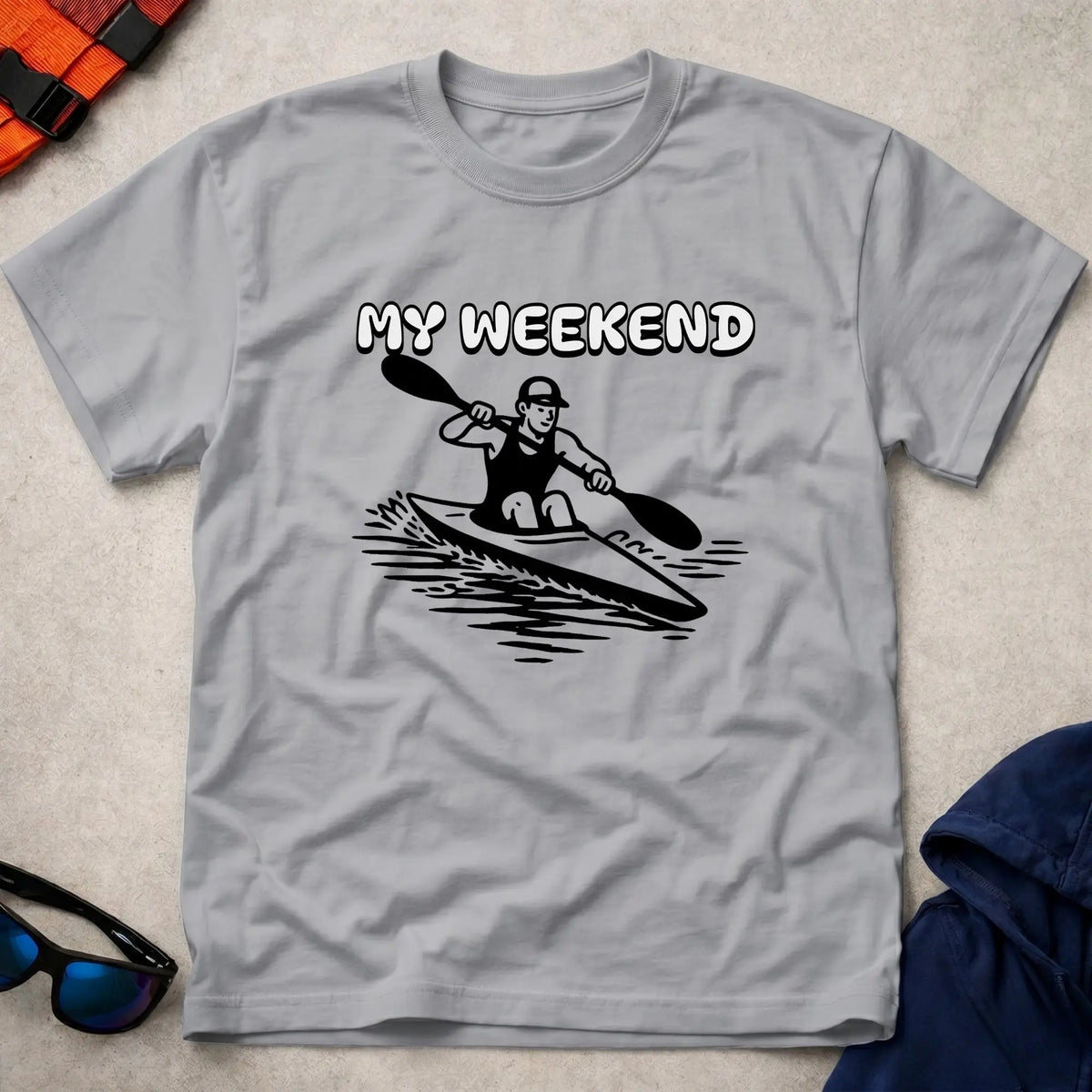 My Weekend K1 Sprint tee in Sport Grey — cartoon K1 sprint kayaker with 'My Weekend' lettering — Vector Paddle