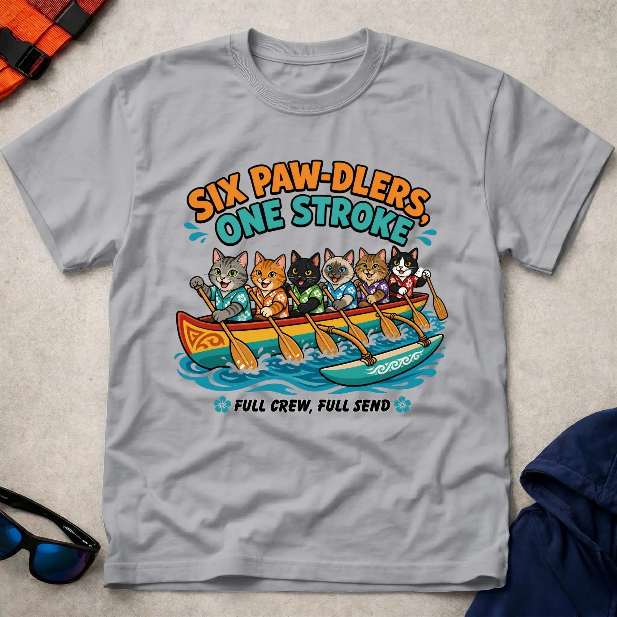 Sport Grey Six Paw-dlers, One Stroke tee — OC6 outrigger crew gift — Vector Paddle