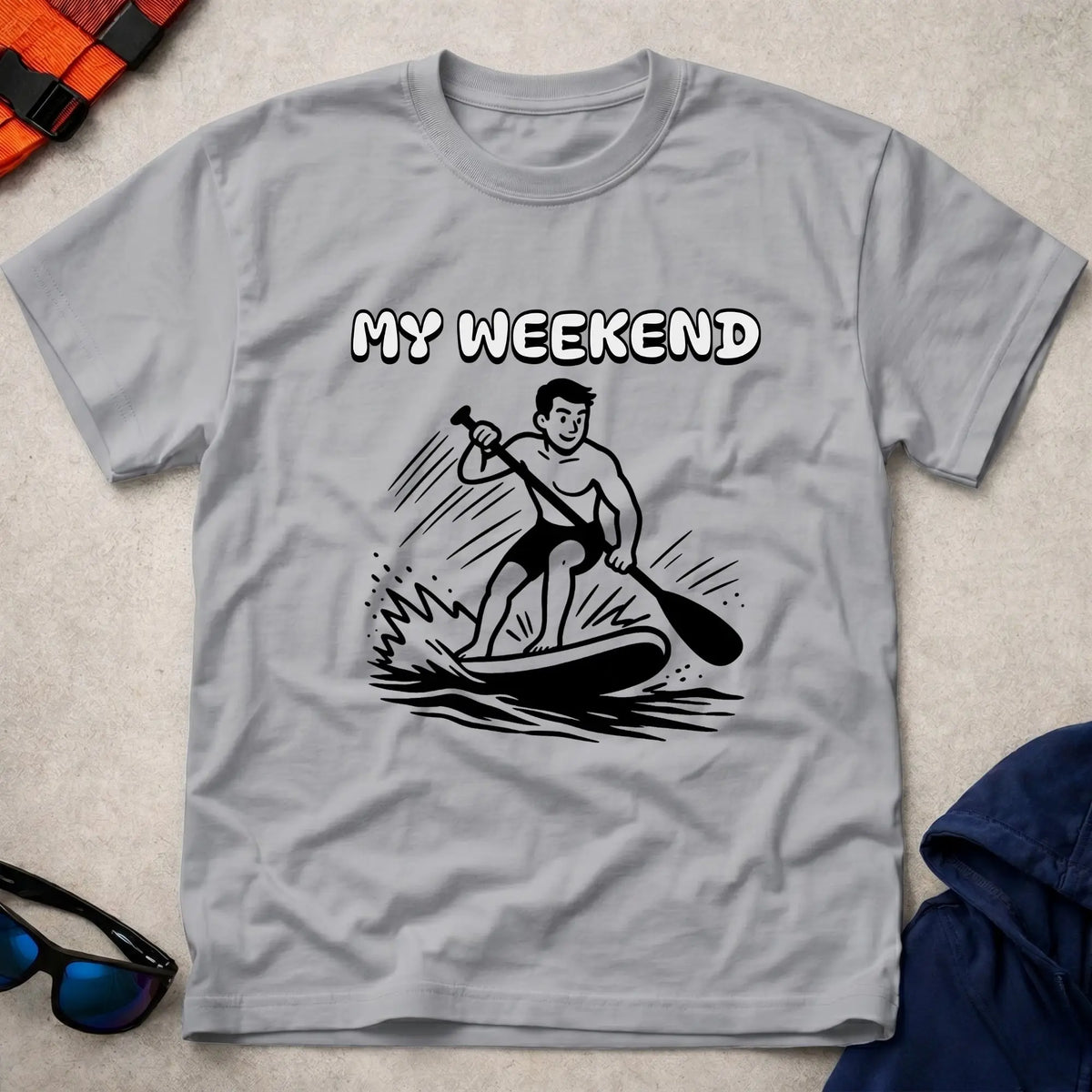 My Weekend SUP tee in Sport Grey — cartoon stand-up paddleboarder with 'My Weekend' lettering — Vector Paddle