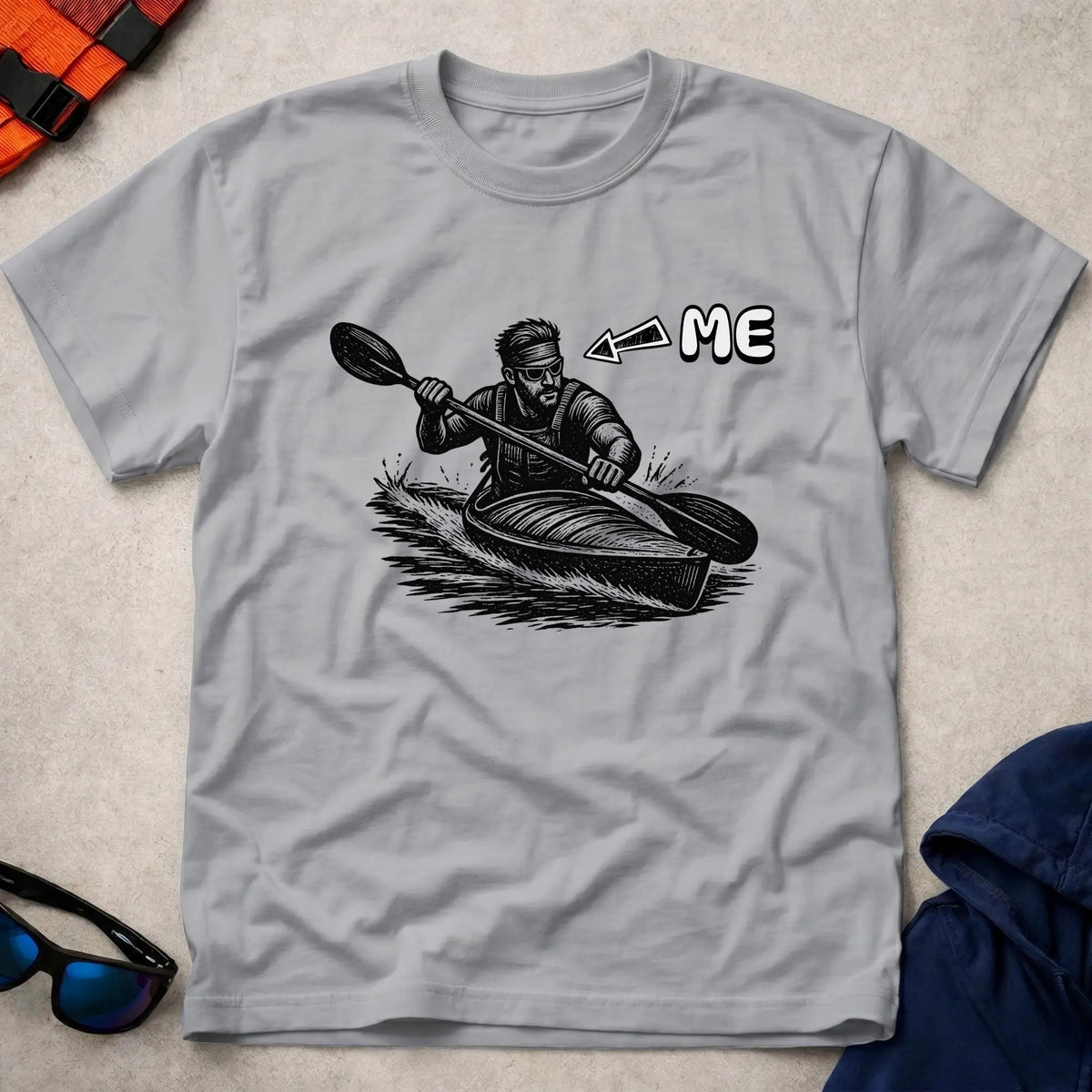 That's Me K1 tee in Sport Grey — woodcut kayaker in headband and shades with 'ME' arrow — Vector Paddle