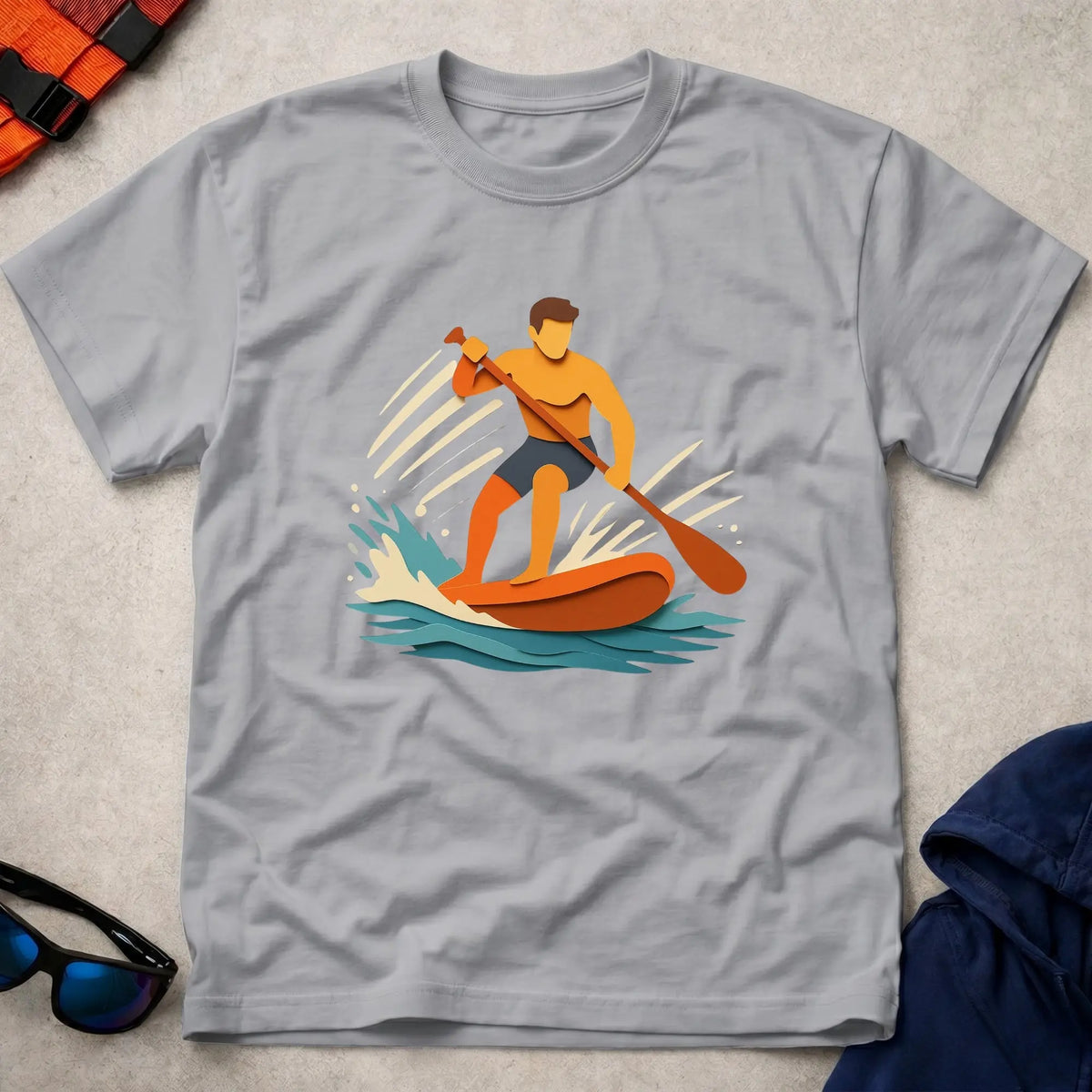 Cut Through tee in Sport Grey — paper-cut stand-up paddleboarder in orange and teal — Vector Paddle