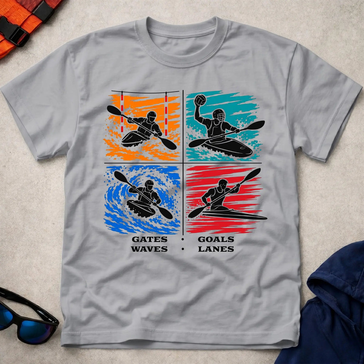 Gates, Goals, Waves, Lanes tee in Sport Grey — four-panel kayak design with slalom, canoe polo, whitewater and sprint paddlers — Vector Paddle