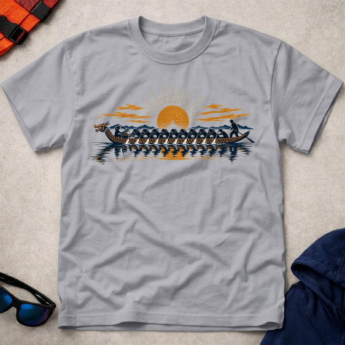 Golden Hour Dragon tee in Sport Grey — navy and gold dragon boat crew at sunset — Vector Paddle