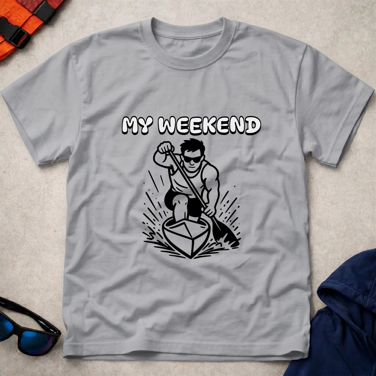 My Weekend C1 tee in Sport Grey — cartoon C1 sprint canoeist with 'My Weekend' lettering — Vector Paddle