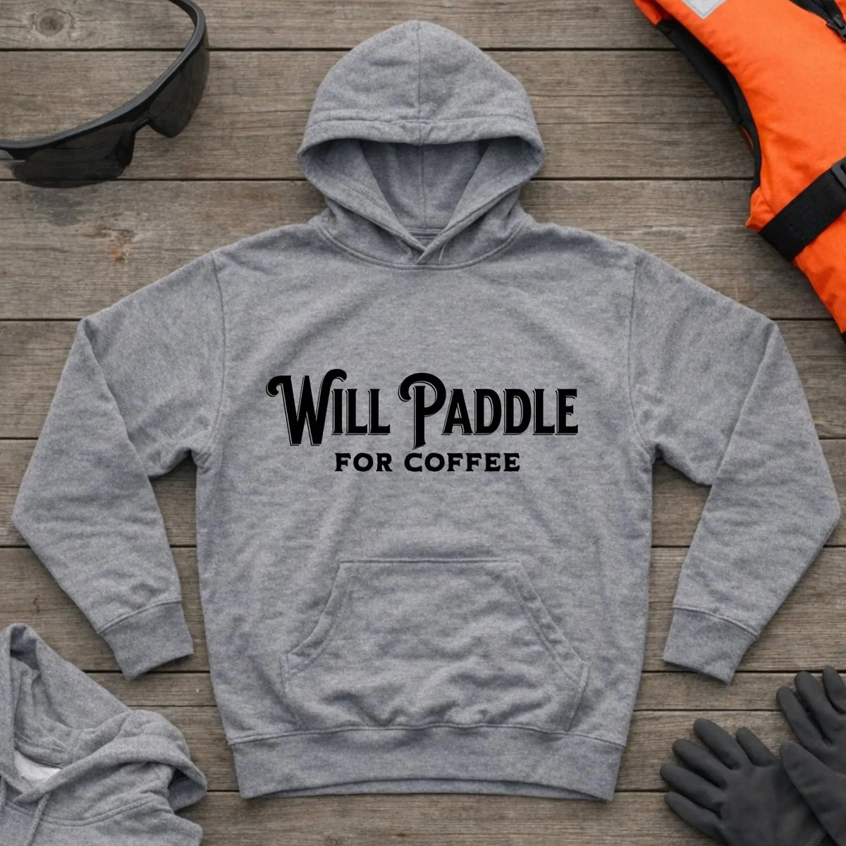 Will Paddle For Coffee hoodie in Sport Grey — coffee-loving paddler slogan design — Vector Paddle