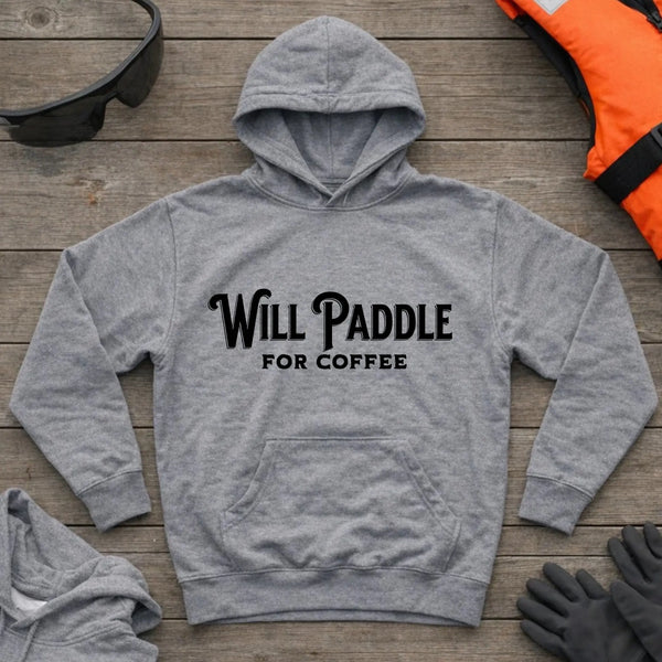 Will Paddle For Coffee hoodie in Sport Grey — coffee-loving paddler slogan design — Vector Paddle