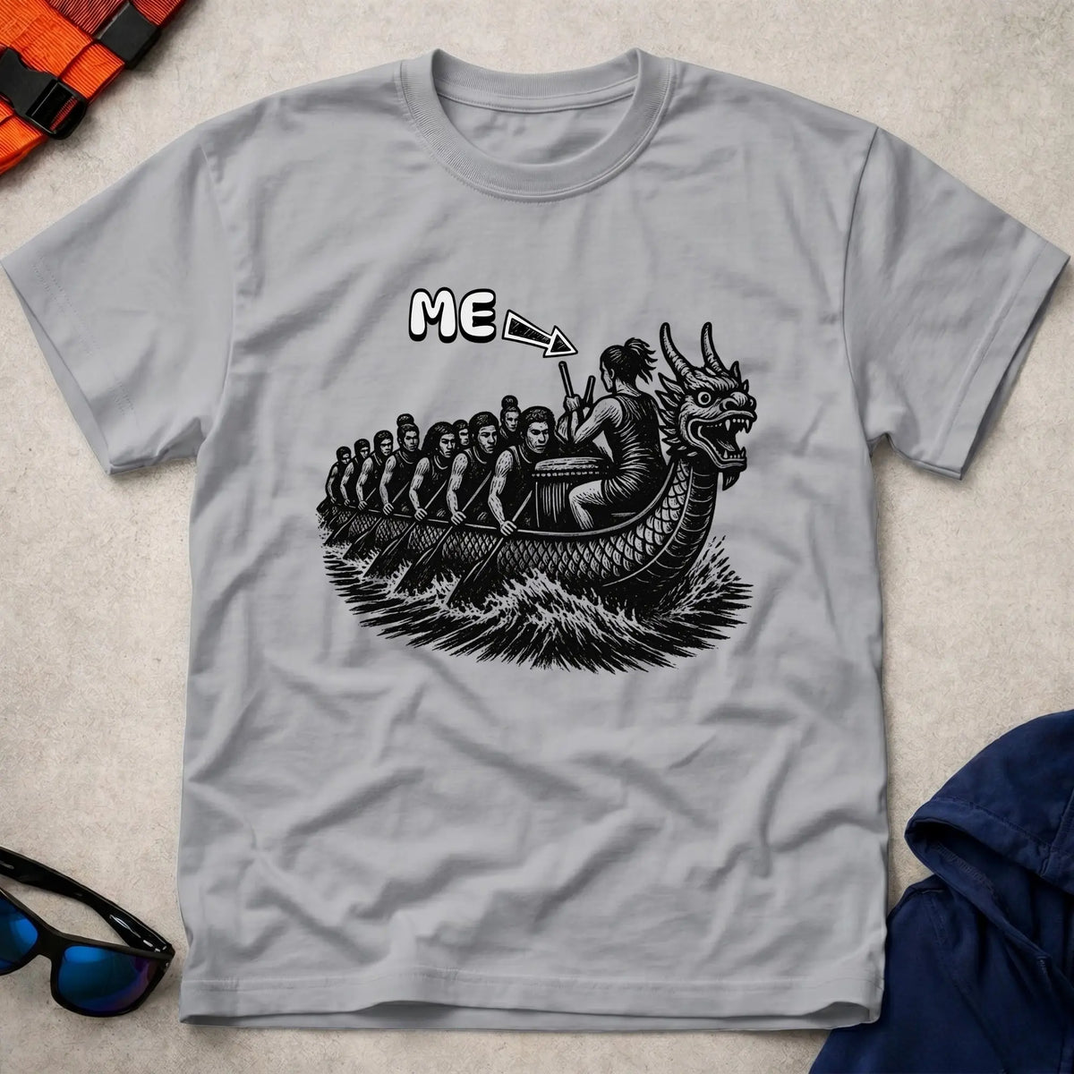 That's Me Drummer tee in Sport Grey — woodcut dragon boat with 'ME' arrow on the drummer — Vector Paddle
