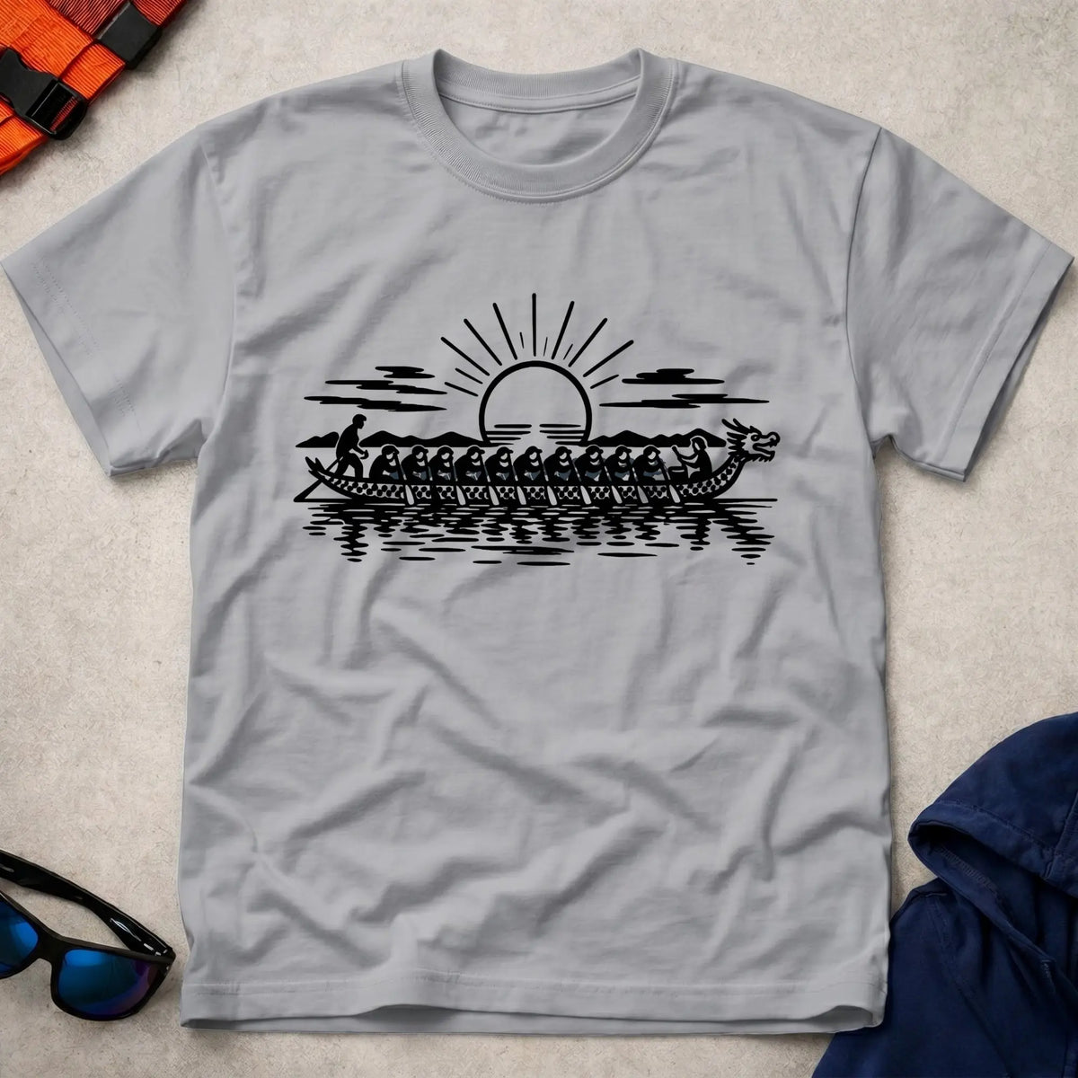 Dawn Crew tee in Sport Grey — dragon boat crew paddling at sunrise — Vector Paddle