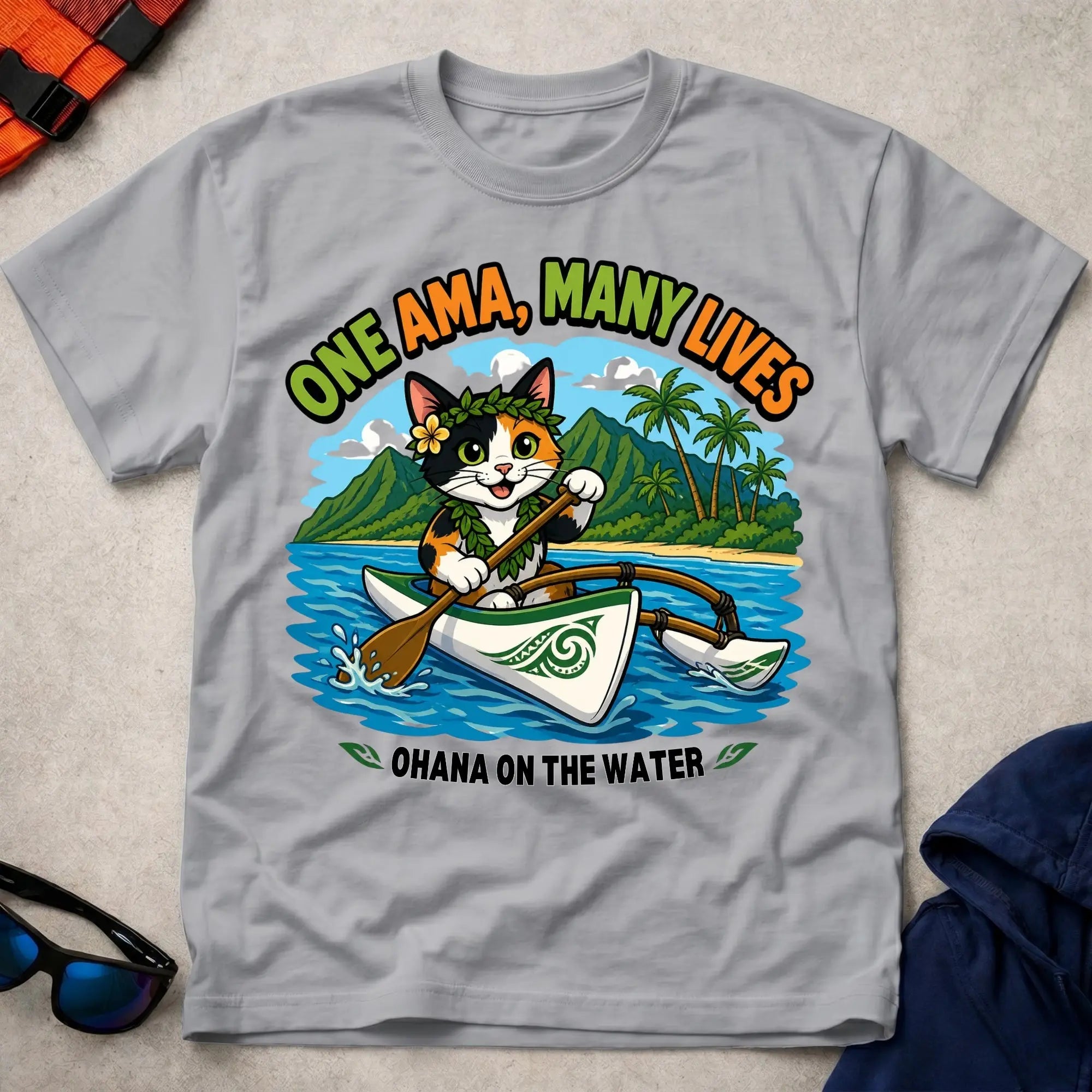 Sport Grey One Ama, Many Lives tee — OC1 outrigger paddling gift — Vector Paddle