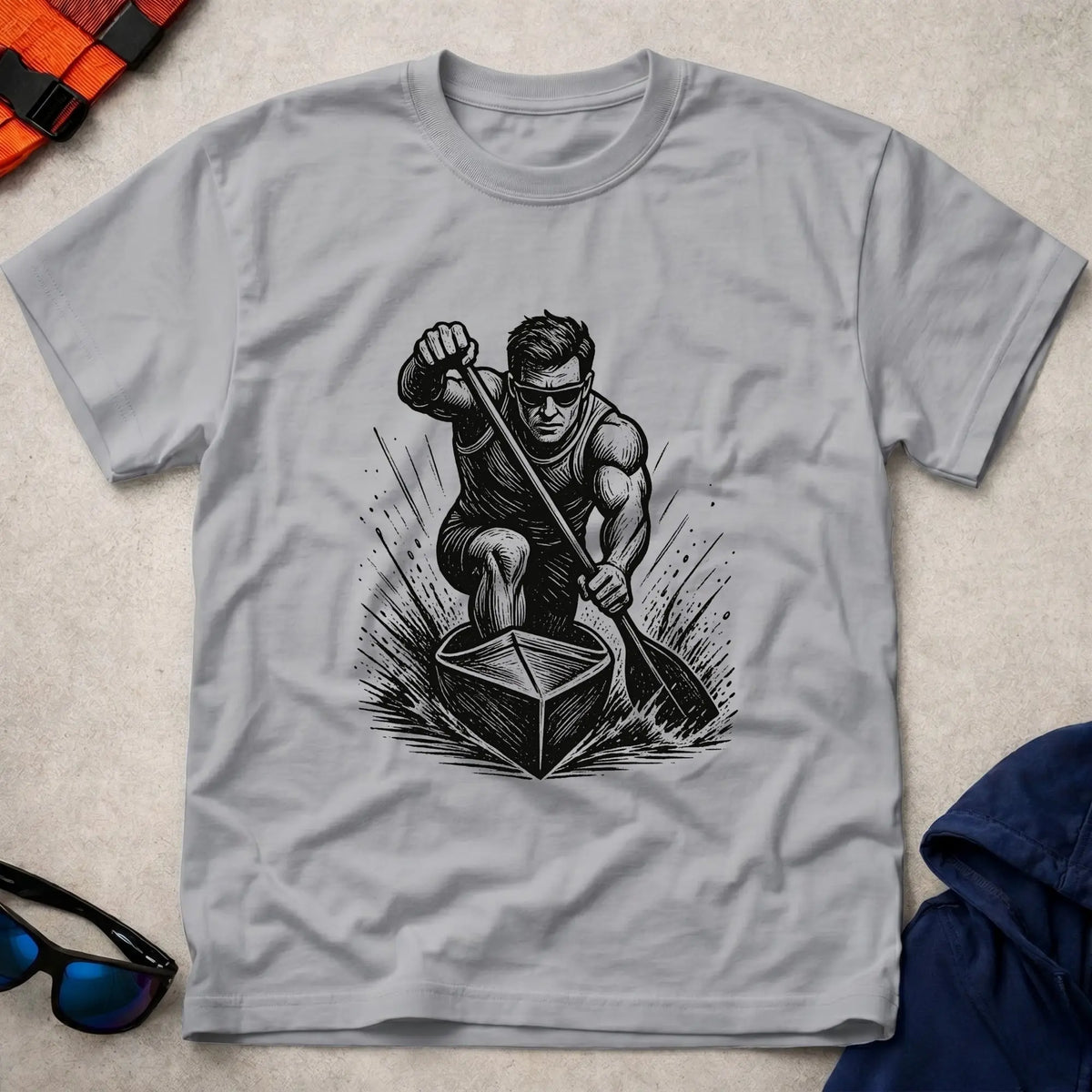 One Knee, One Blade tee in Sport Grey — woodcut C1 sprint canoeist in full drive — Vector Paddle