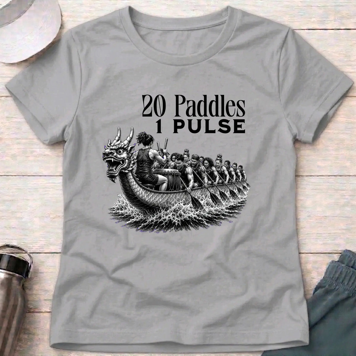 20 Paddles 1 Pulse fitted tee in Sport Grey — engraved-style dragon boat racing graphic — Vector Paddle