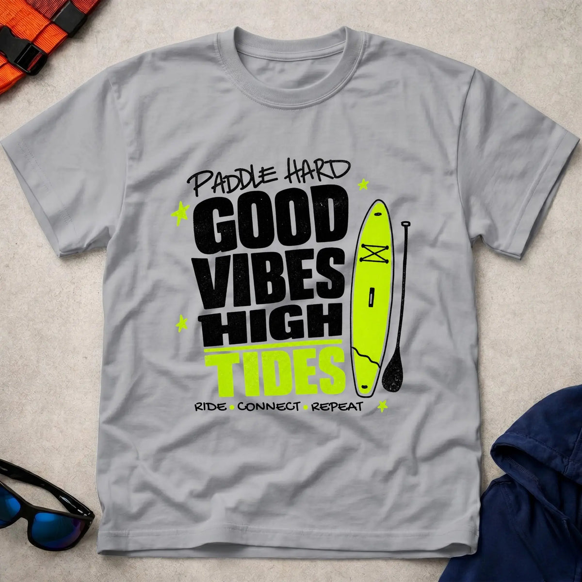Sport Grey Good Vibes High Tides paddling t-shirt for laid-back water days, Vector Paddle