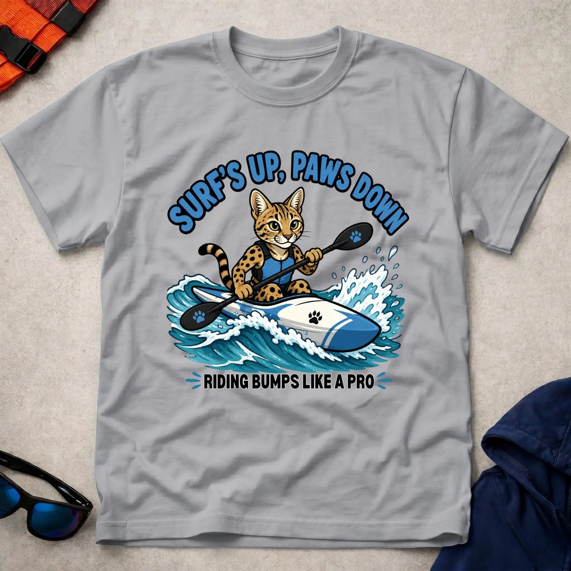 Sport Grey Surfs Up, Paws Down tee — open-water paddling gift — Vector Paddle