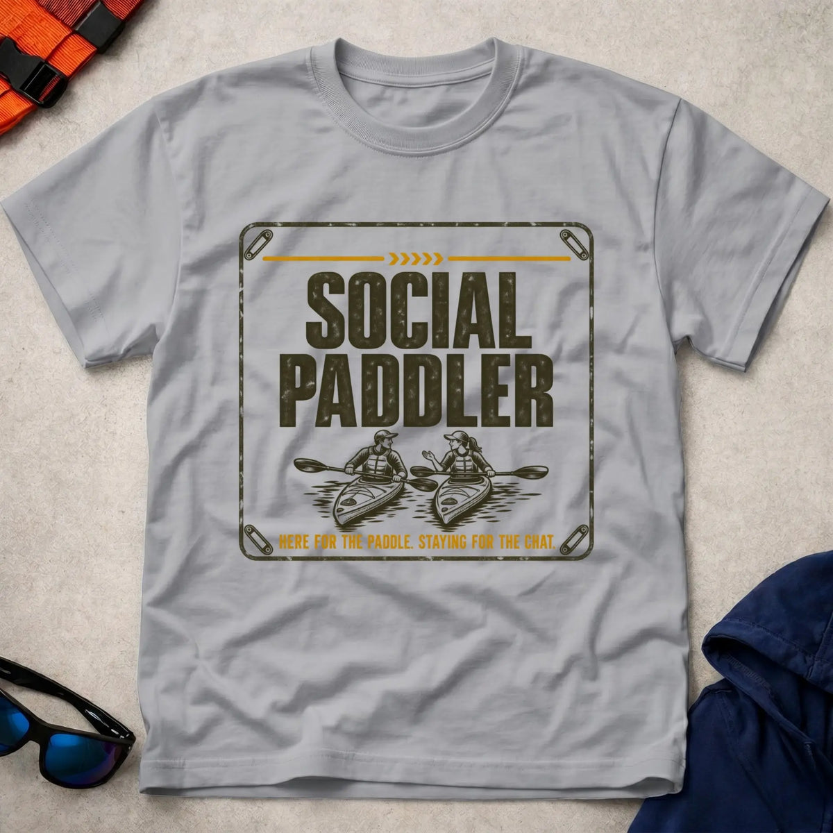 Social Paddler tee in Sport Grey — two kayakers side by side, Here For The Paddle — Vector Paddle