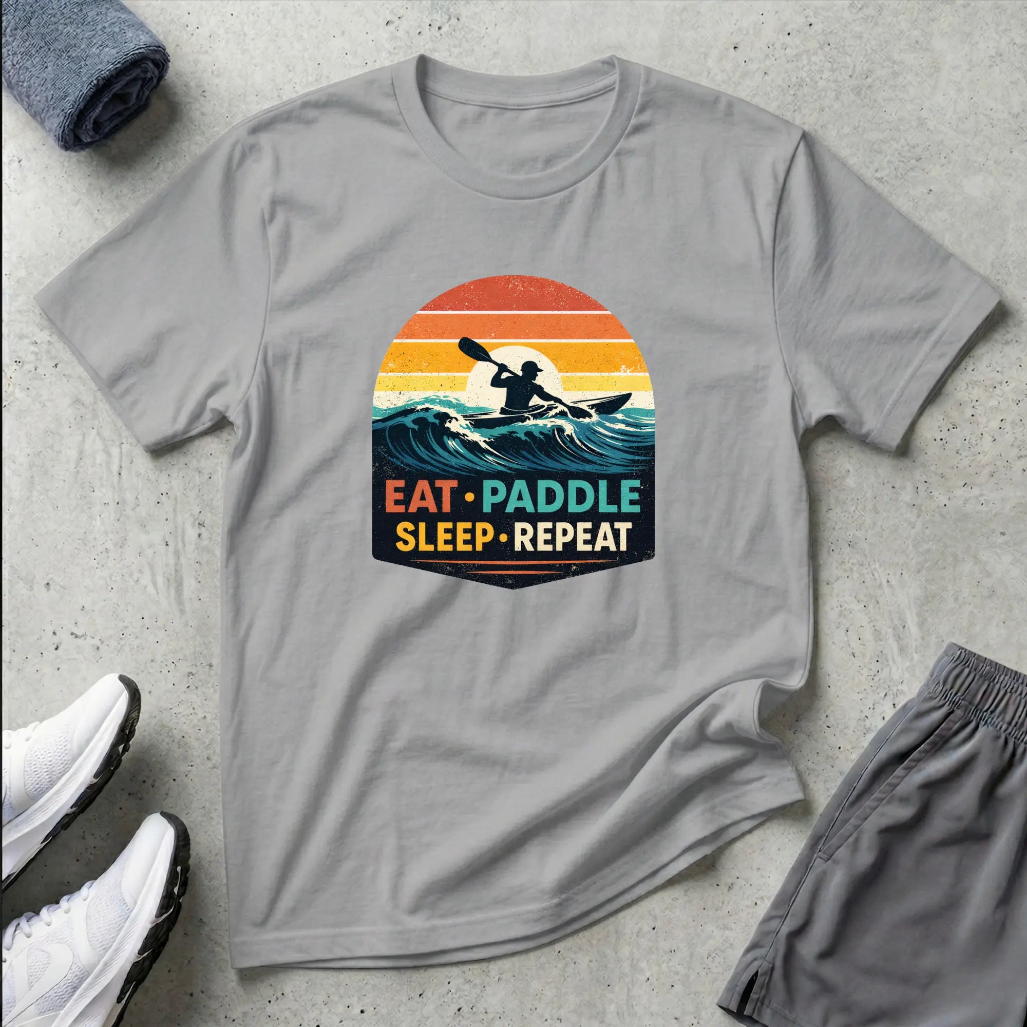 Eat Paddle Sleep Repeat. Ocean Kayak retro colour sunset T-Shirt Printify