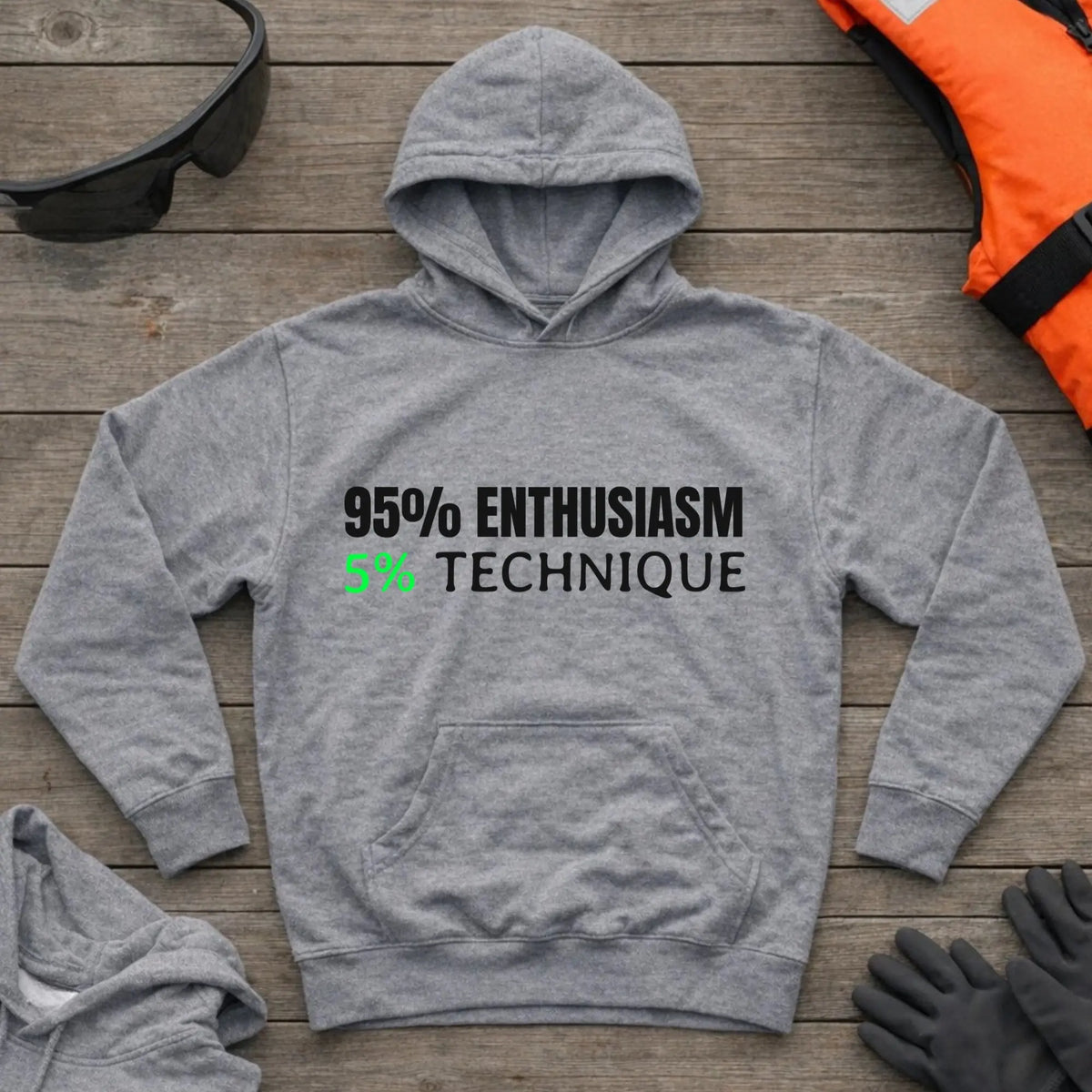 95% Enthusiasm hoodie in Sport Grey — self-deprecating paddling humour design — Vector Paddle