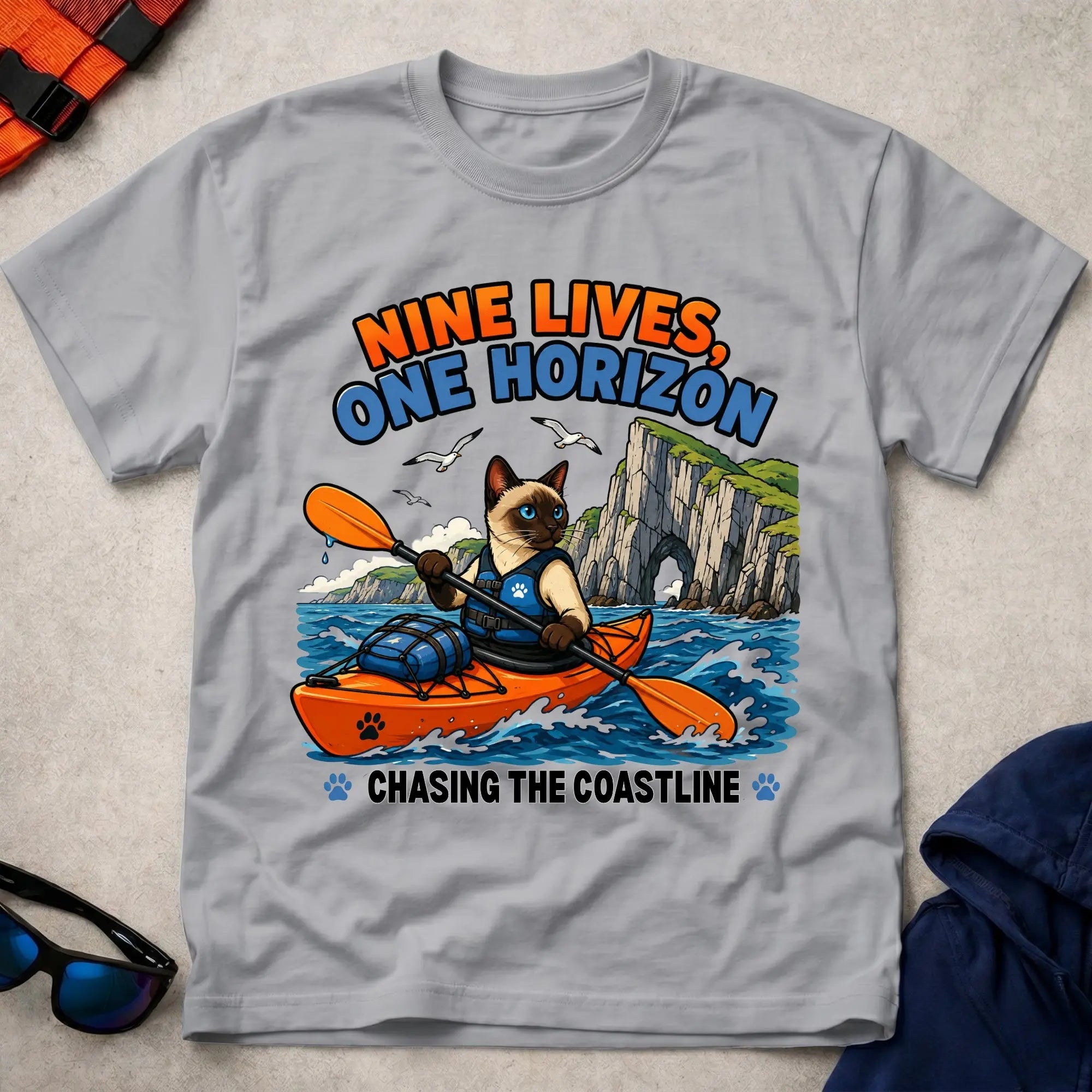 Sport Grey Nine Lives, One Horizon tee — long-distance paddling gift — Vector Paddle