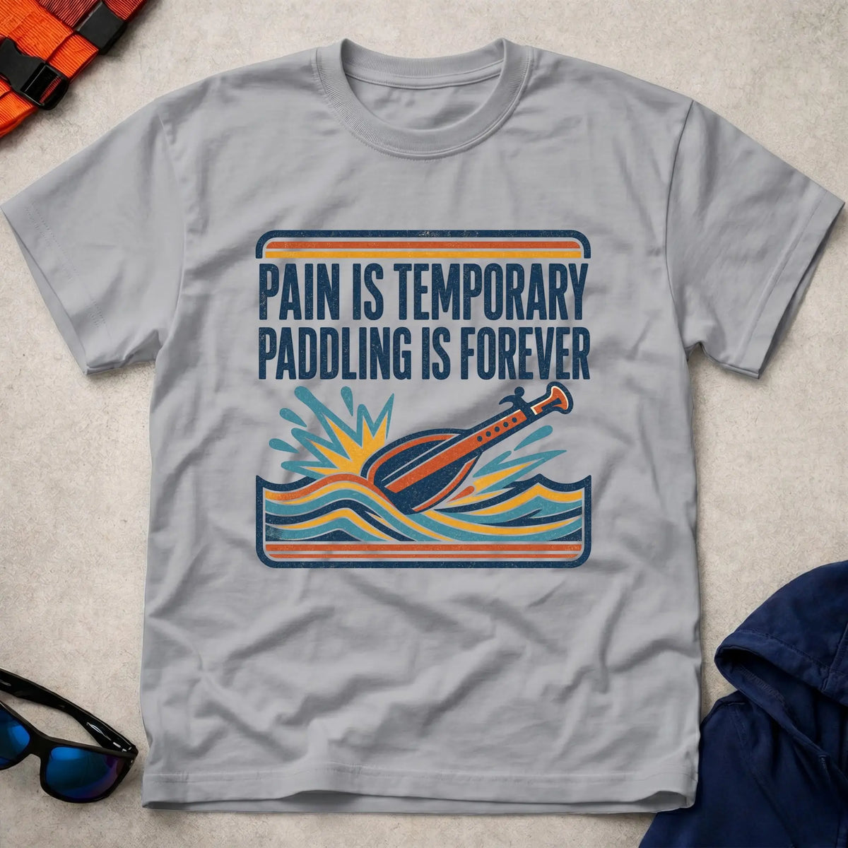 Paddling Is Forever tee in Sport Grey — retro 'Pain Is Temporary' paddle and waves design — Vector Paddle