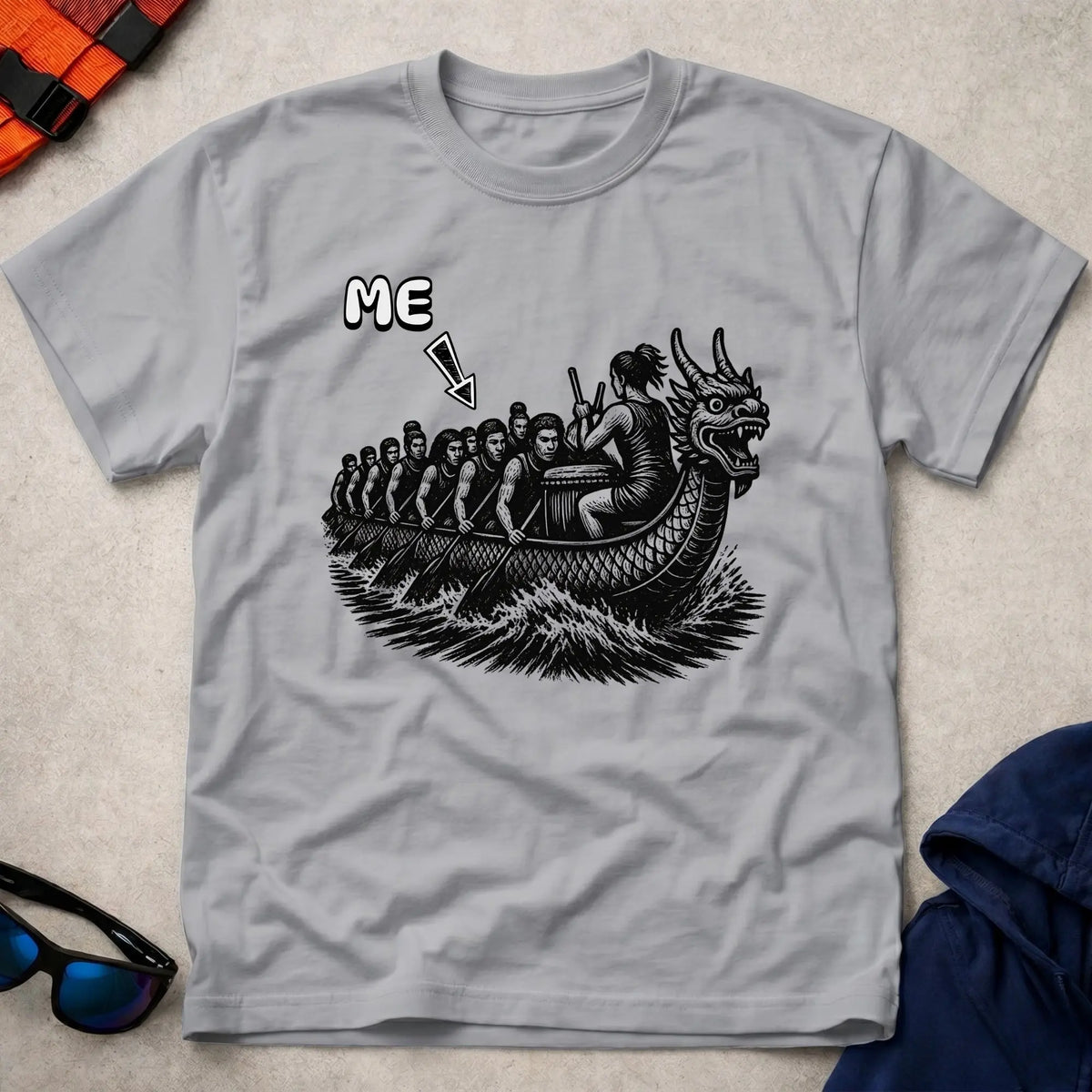 That's Me Engine Room tee in Sport Grey — woodcut dragon boat with 'ME' arrow on a mid-boat paddler — Vector Paddle