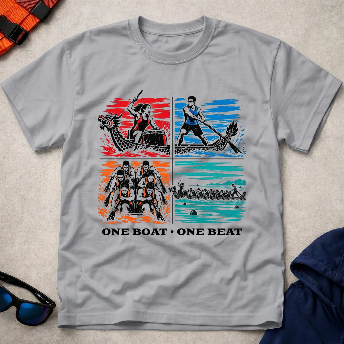 One Boat, One Beat tee in Sport Grey — four-panel dragon boat design with drummer, steerer, engine room and full crew — Vector Paddle