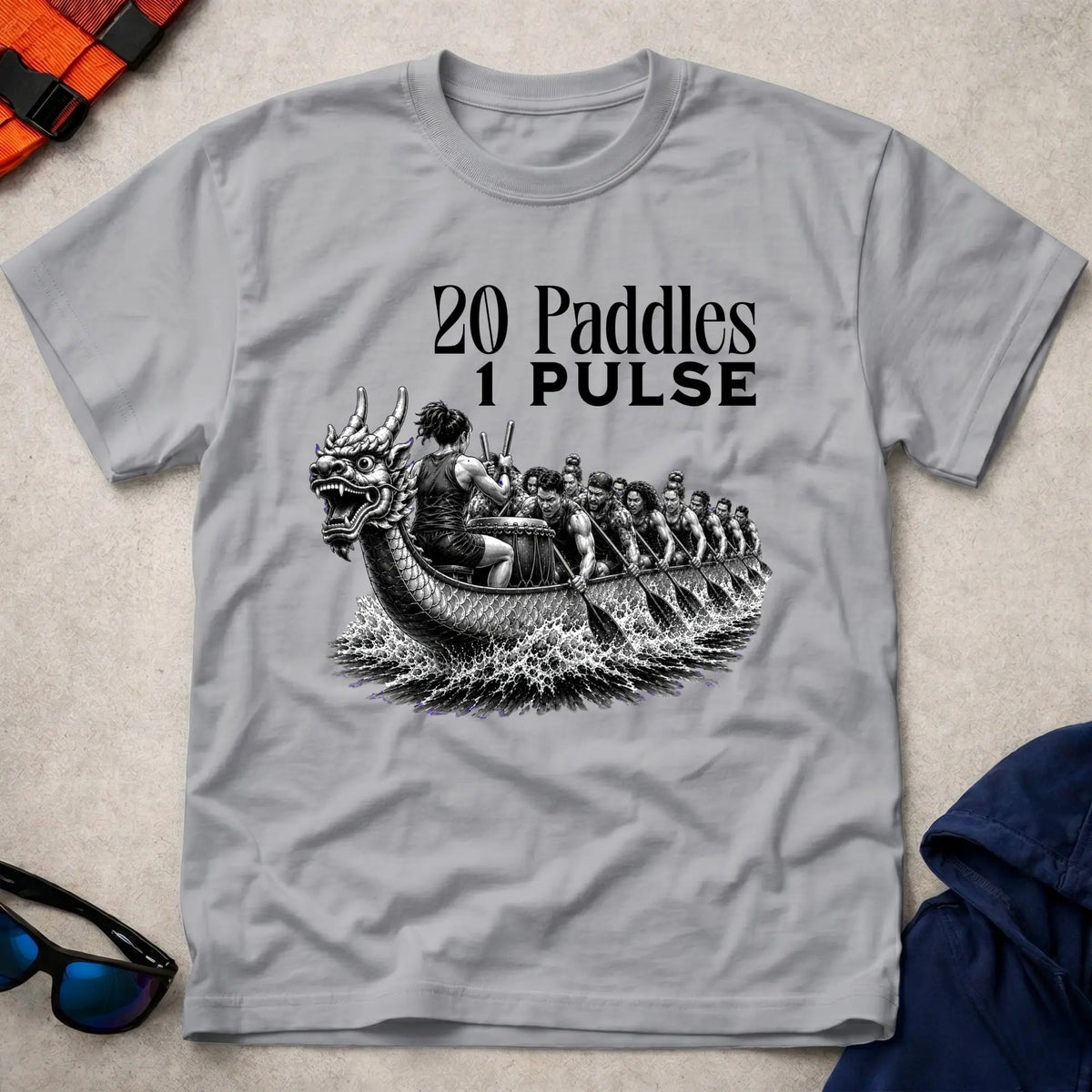 20 Paddles 1 Pulse tee in Sport Grey — dragon boat crew with drummer — Vector Paddle