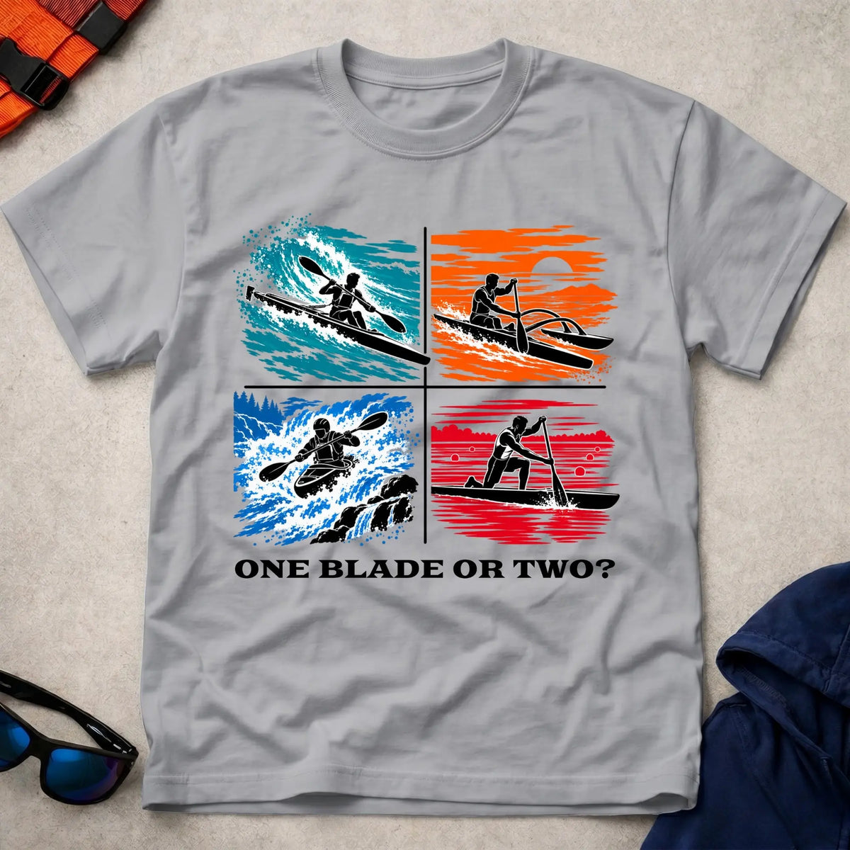 One Blade Or Two tee in Sport Grey — four-panel design with surfski, OC1 outrigger, whitewater kayak and C1 canoe — Vector Paddle