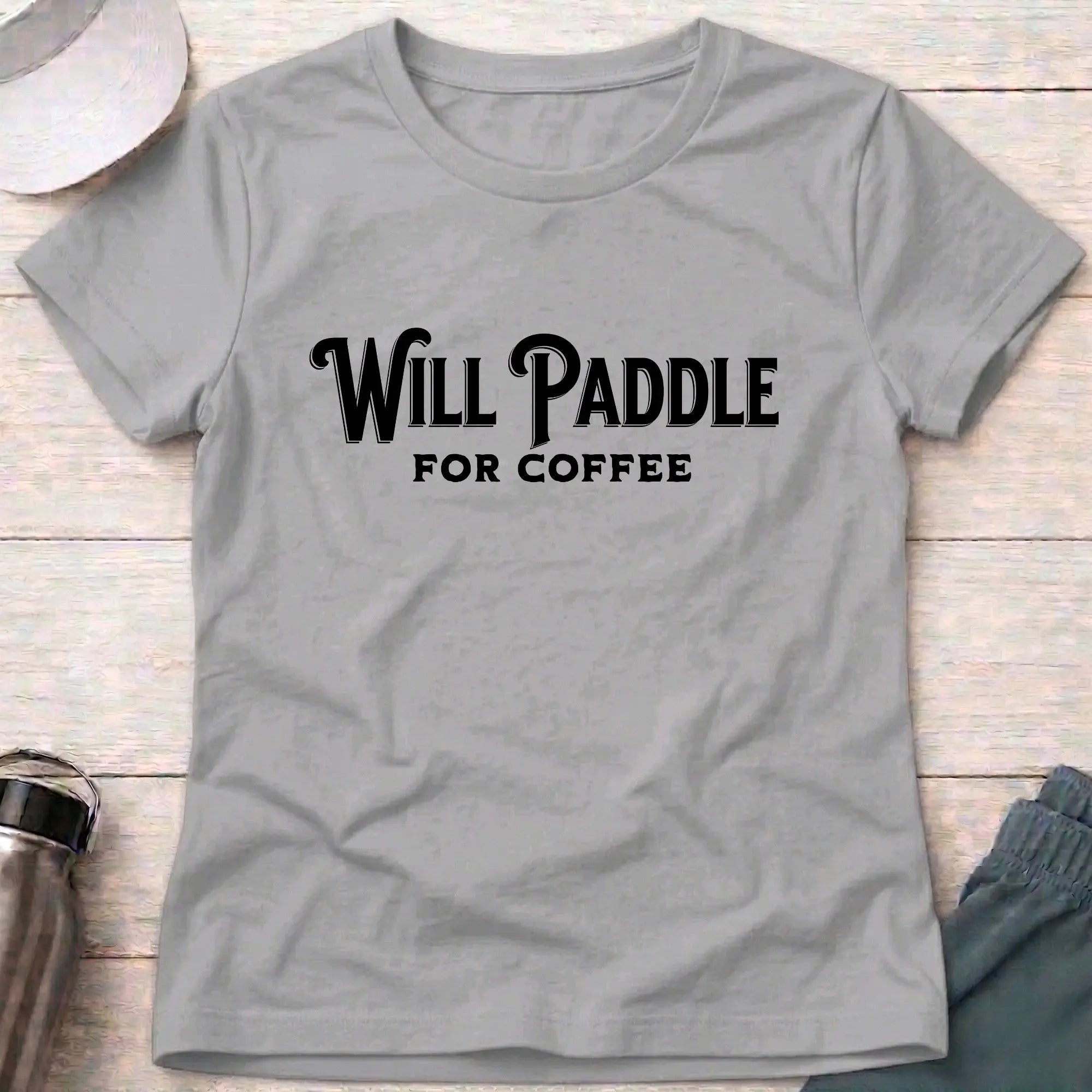 Sport Grey Will Paddle For Coffee fitted tee — female paddler coffee lover gift — Vector Paddle