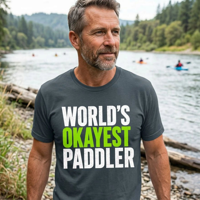 Worlds Okayest Paddler unisex tee lifestyle image — paddling tee — Vector Paddle