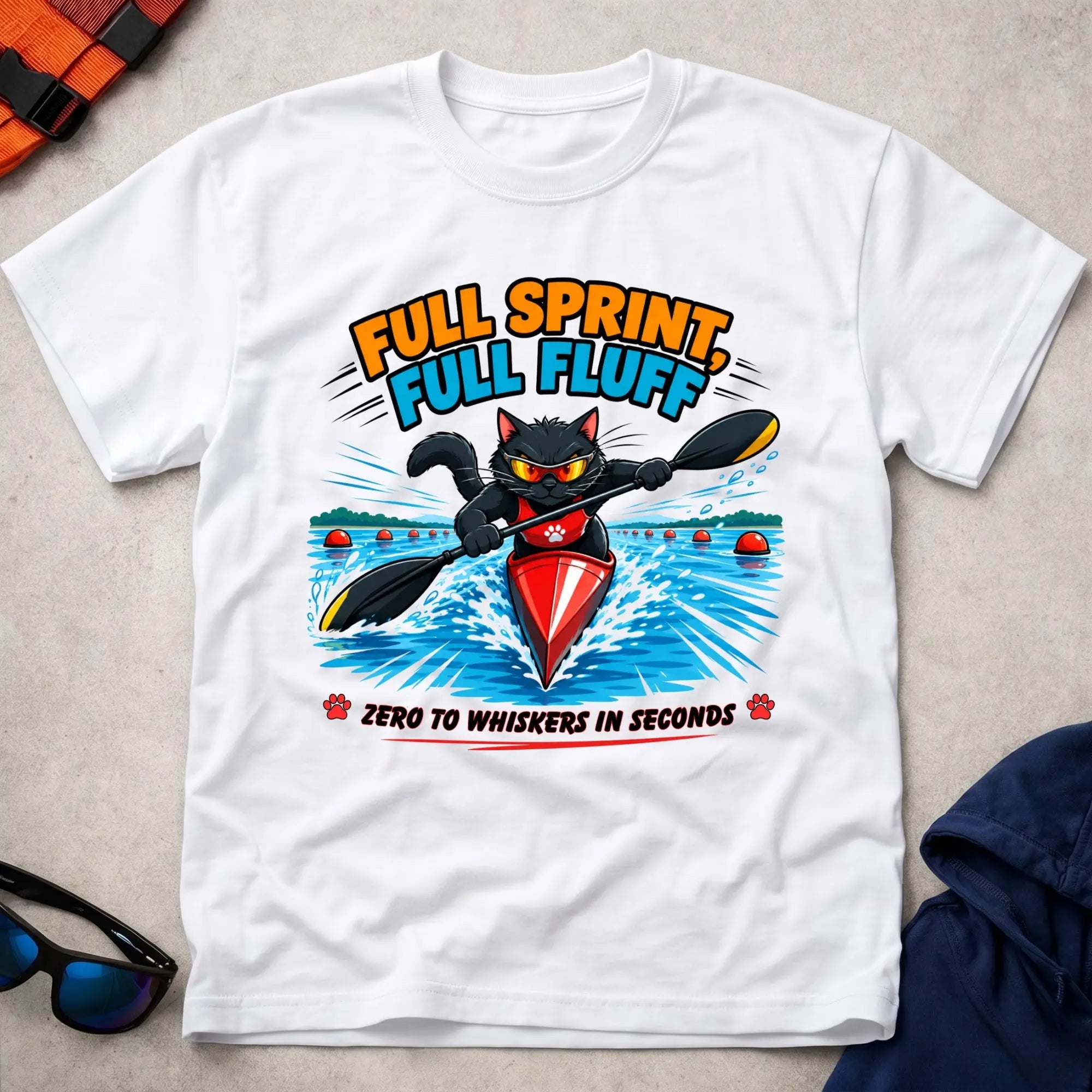 White Full Sprint, Full Fluff tee — cat-lover paddling gift — Vector Paddle