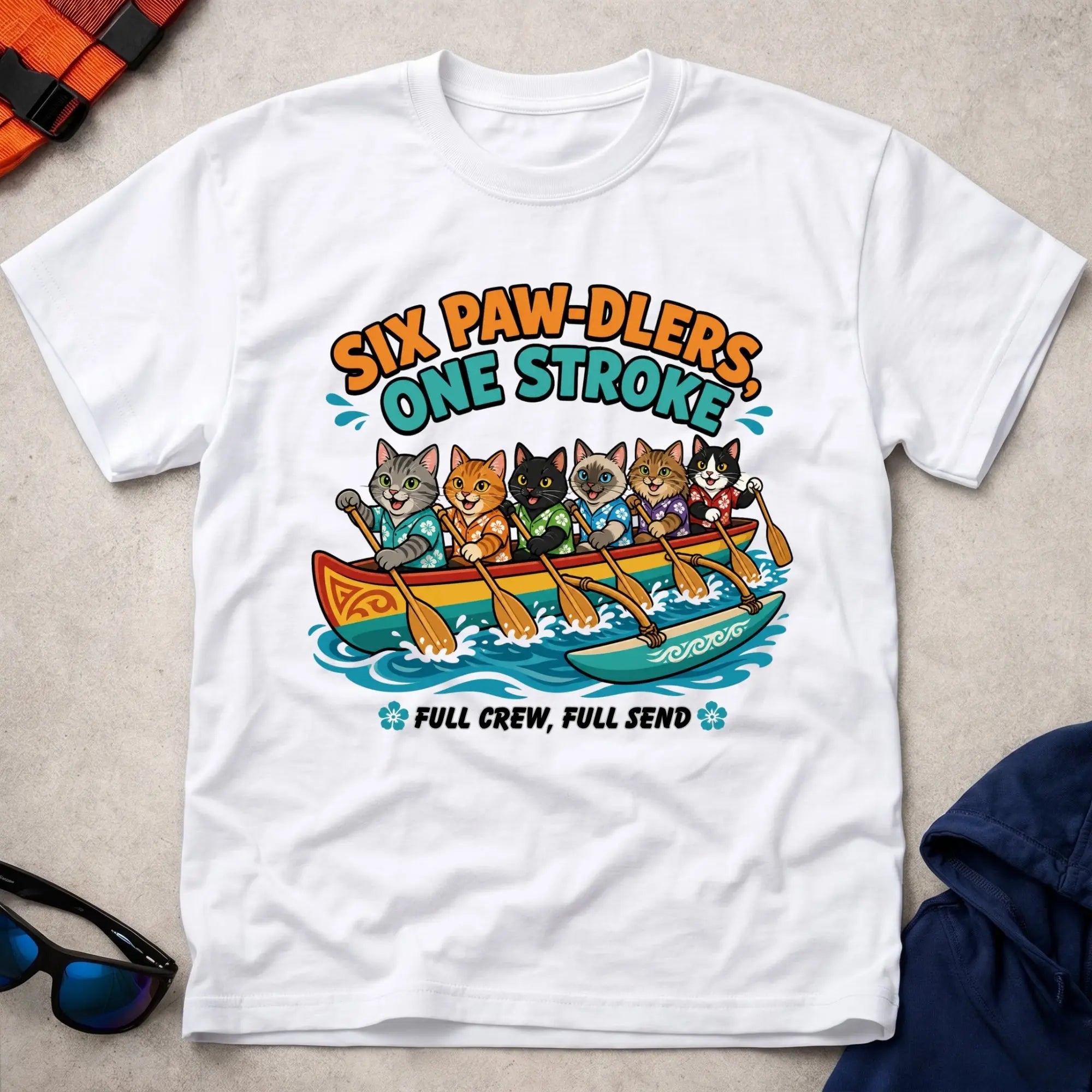 White Six Paw-dlers, One Stroke tee — OC6 outrigger crew gift — Vector Paddle