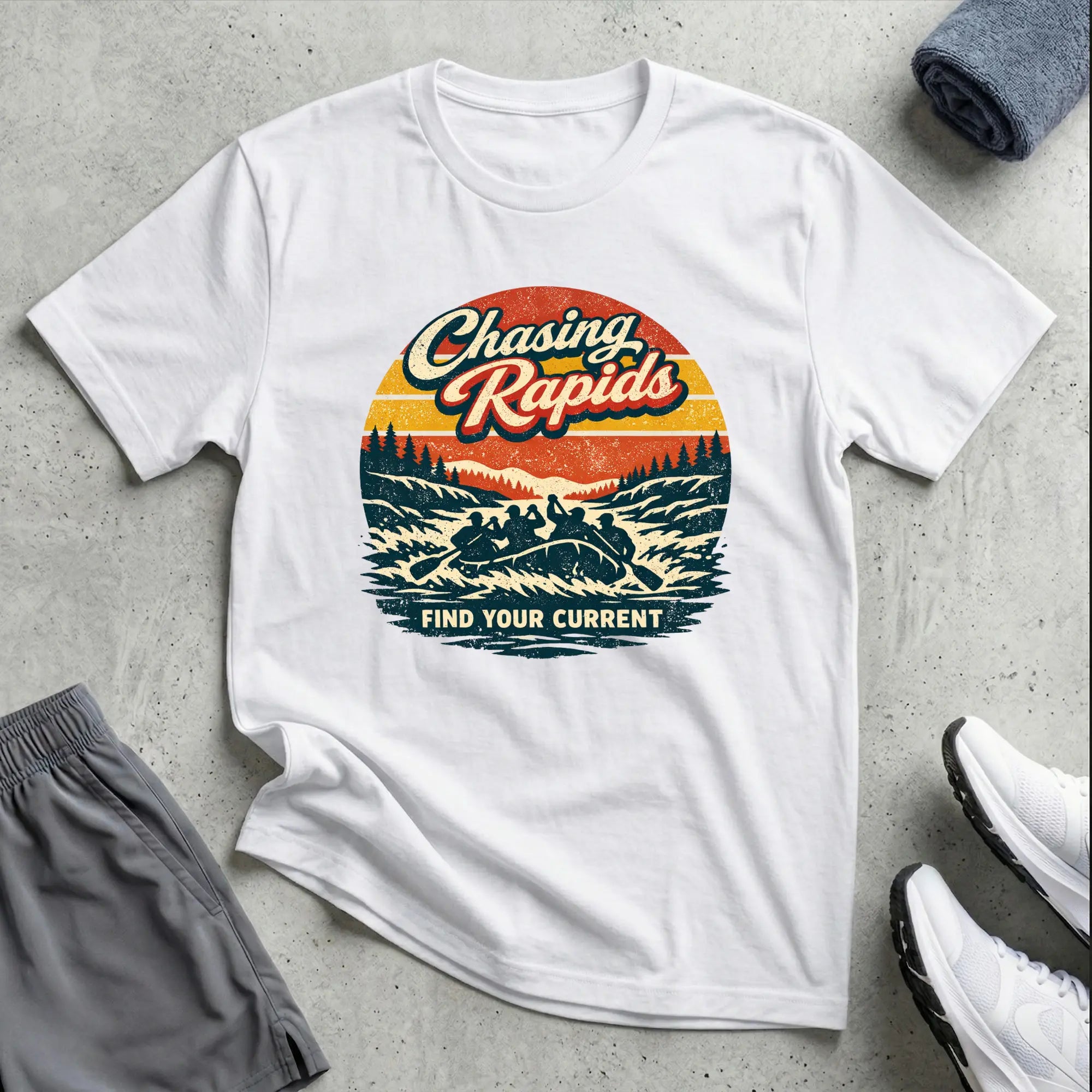 Chasing Rapids - Retro. Rafting T-Shirt Relaxing Printify
