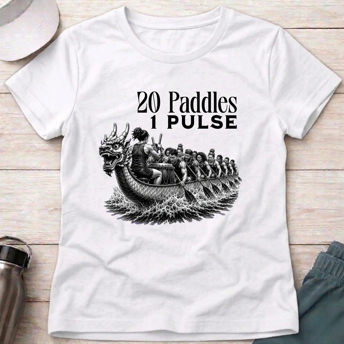 20 Paddles 1 Pulse fitted tee in White — dragon boat crew in full stroke — Vector Paddle