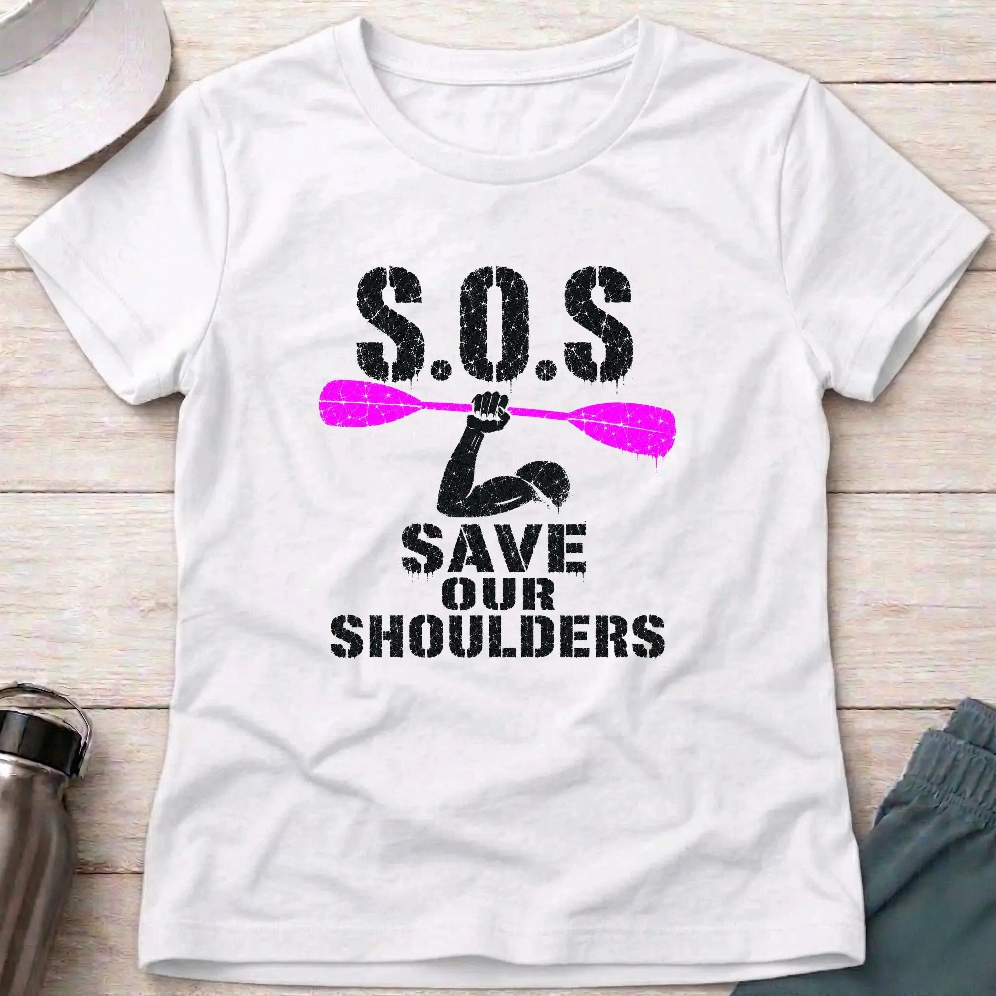 White Save Our Shoulders fitted tee — marathon paddler gift for women — Vector Paddle