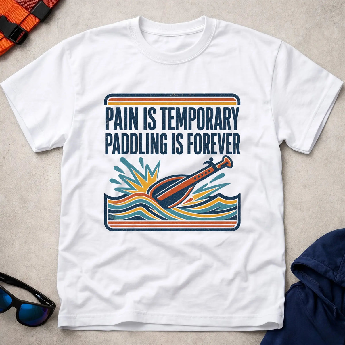 Paddling Is Forever tee in White — retro 'Pain Is Temporary' paddle and waves design — Vector Paddle