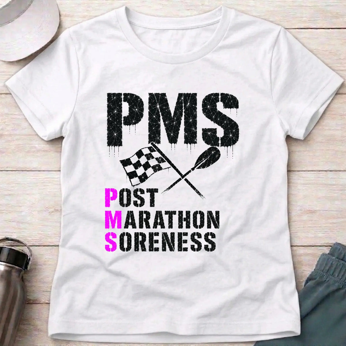 White P.M.S. fitted tee — Post Marathon Soreness gift for women — Vector Paddle