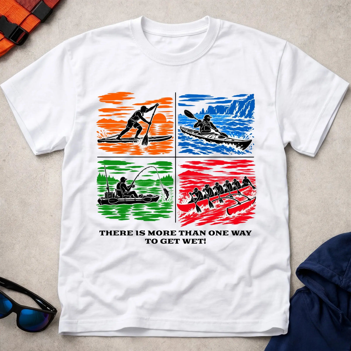 More Than One Way tee in White — four-panel design with SUP, sea kayak, kayak fishing and OC6 outrigger — Vector Paddle