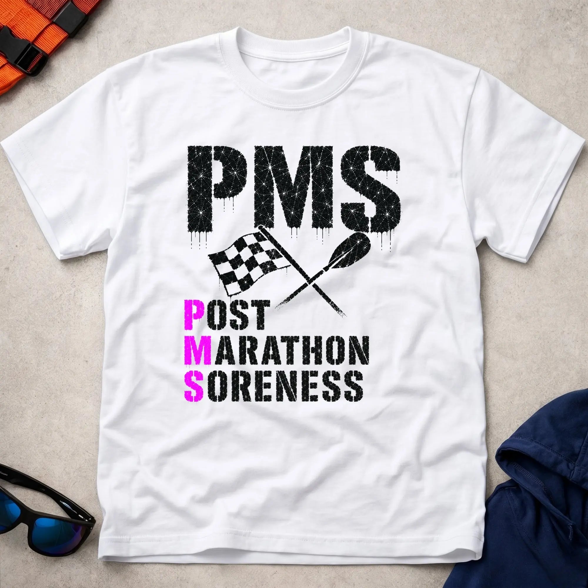 White P.M.S. tee — Post Marathon Soreness gift — Vector Paddle