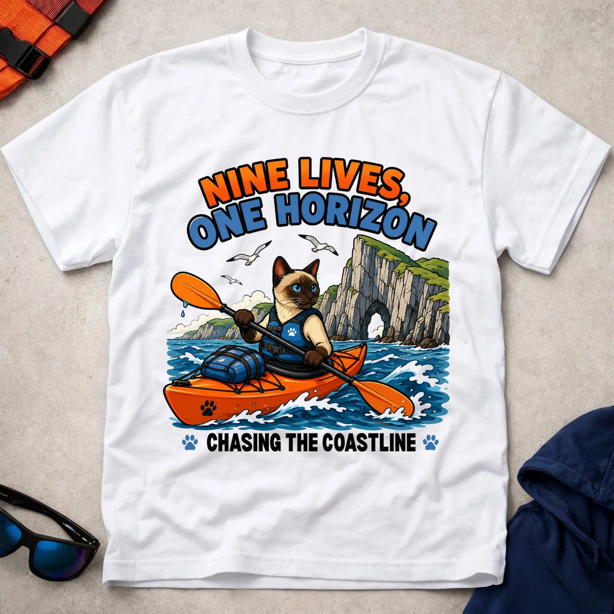 White Nine Lives, One Horizon tee — long-distance paddling gift — Vector Paddle