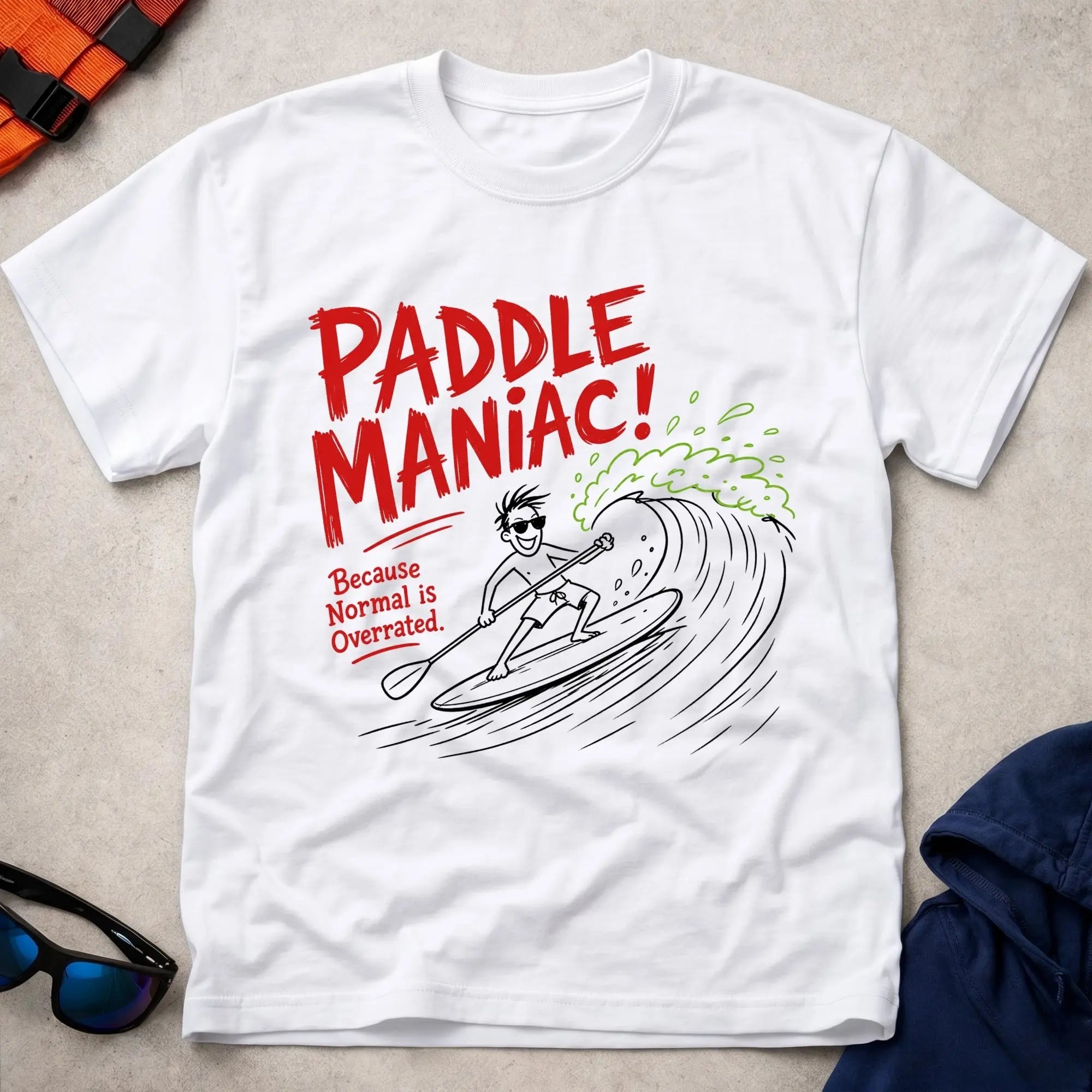 White Paddle Maniac t-shirt for obsessive paddlers, Vector Paddle