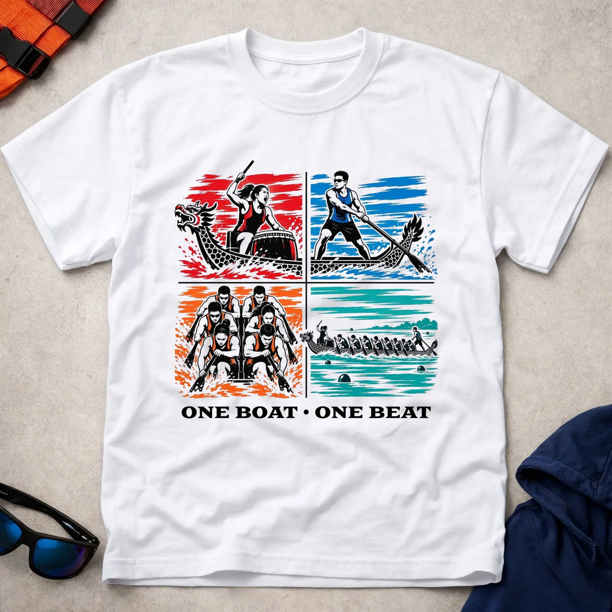 One Boat, One Beat tee in White — four-panel dragon boat design with drummer, steerer, engine room and full crew — Vector Paddle