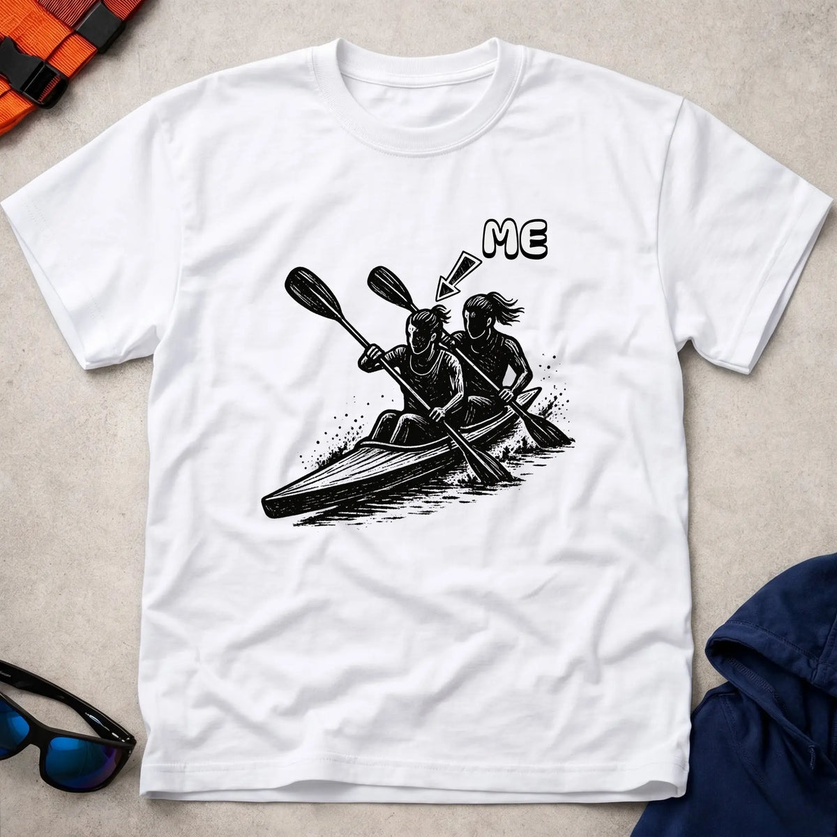 That's Me K2 Bow tee in White — woodcut K2 kayak with 'ME' arrow on the bow paddler — Vector Paddle
