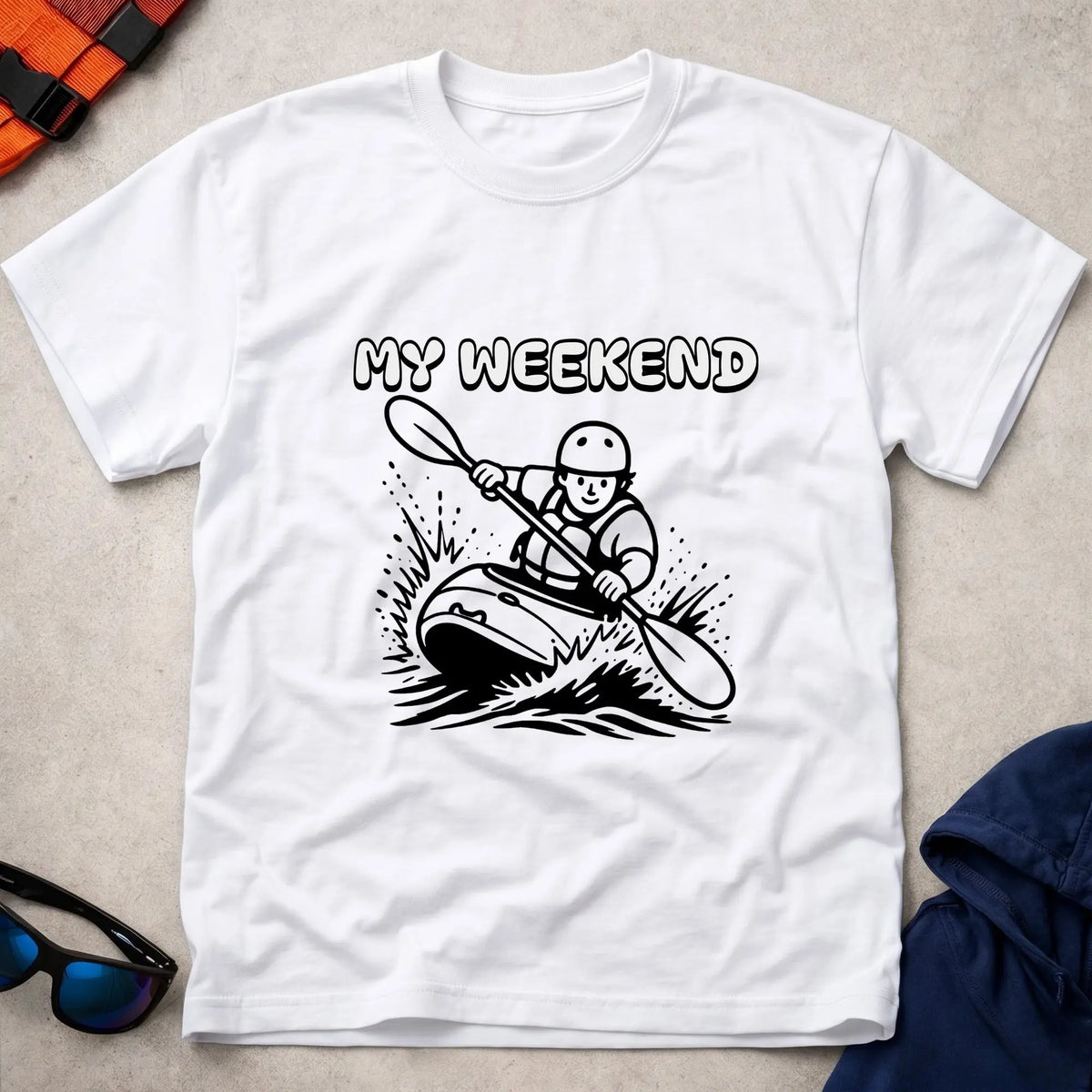 My Weekend Whitewater tee in White — cartoon whitewater kayaker with 'My Weekend' lettering — Vector Paddle