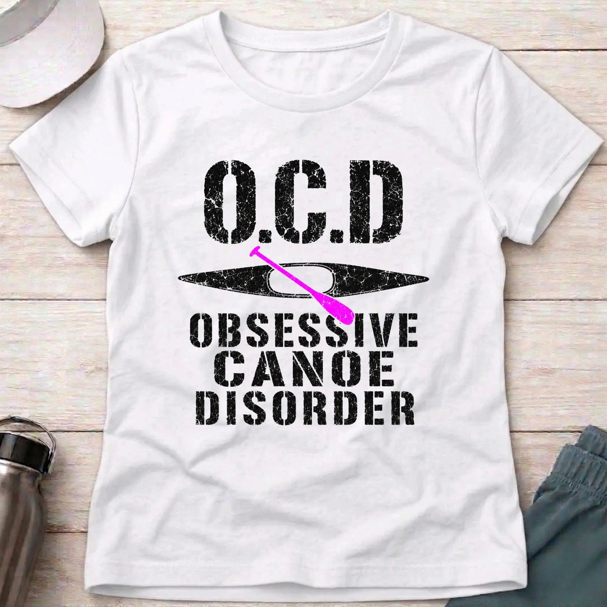 White Obsessive Canoe Disorder fitted tee — funny canoe-obsessed gift for women — Vector Paddle