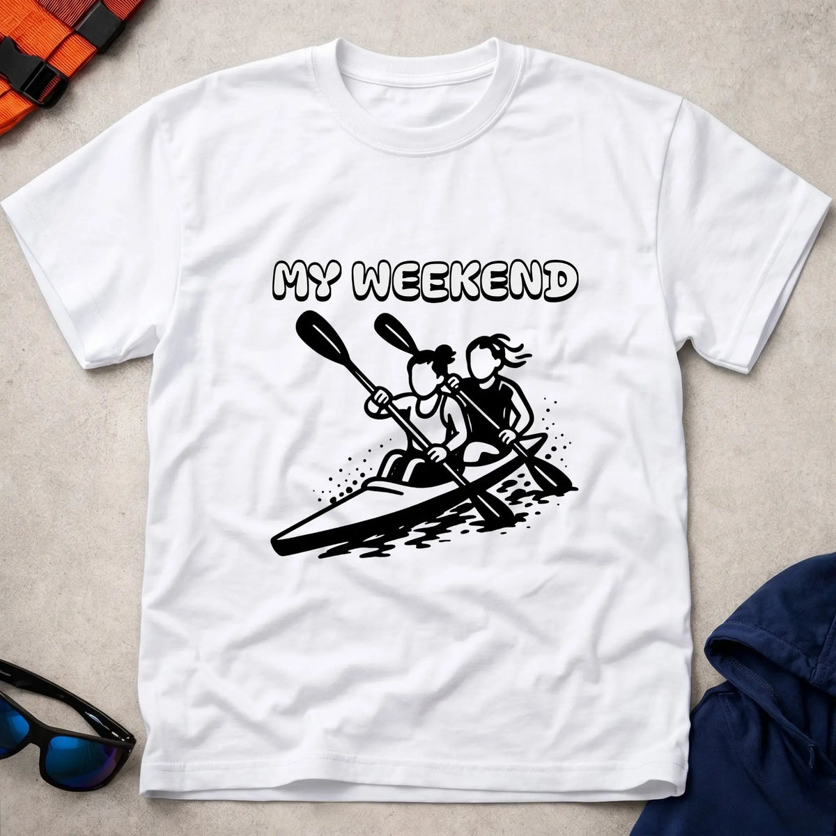 My Weekend K2 tee in White — cartoon K2 kayak crew with 'My Weekend' lettering — Vector Paddle