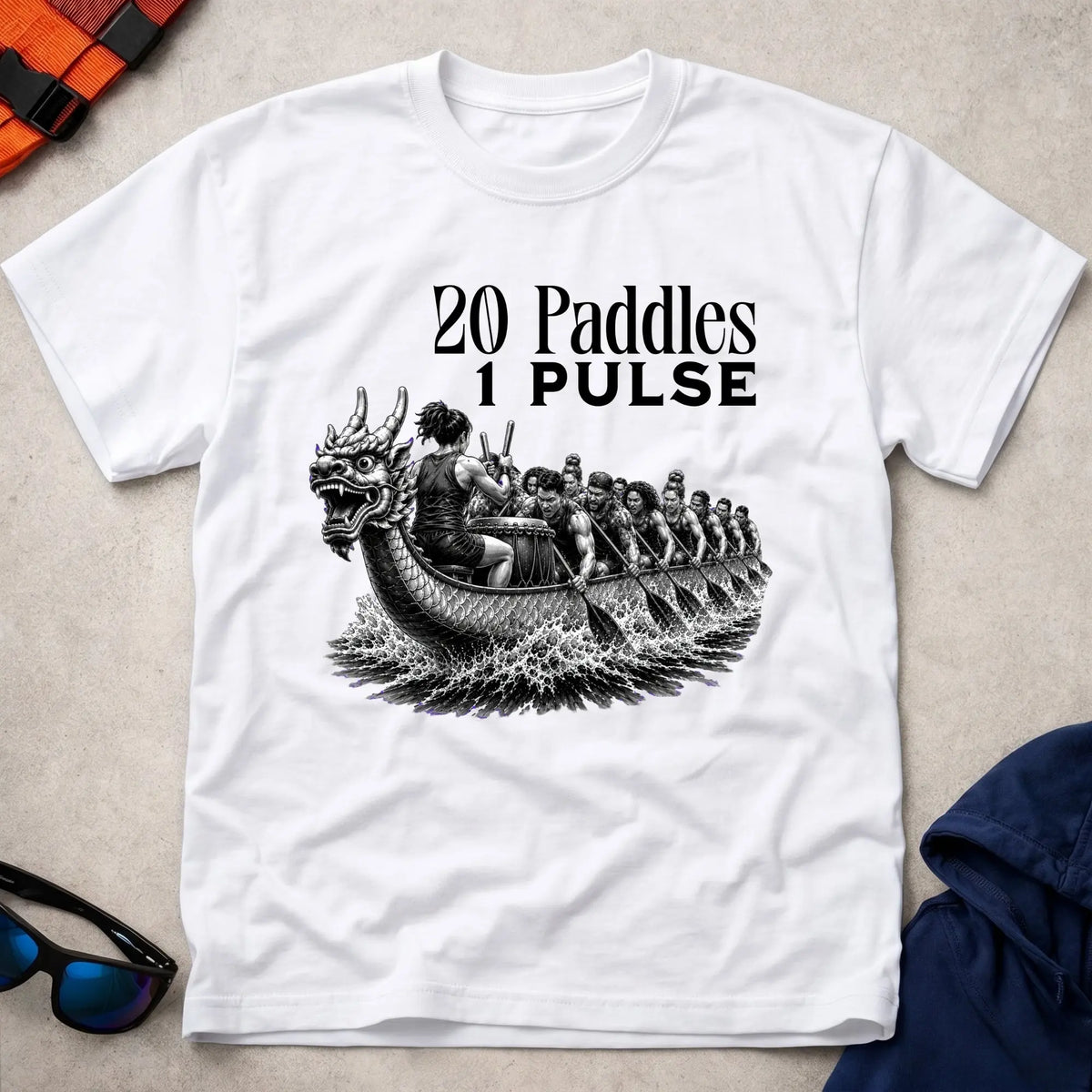 20 Paddles 1 Pulse tee in White — engraved-style dragon boat racing graphic — Vector Paddle