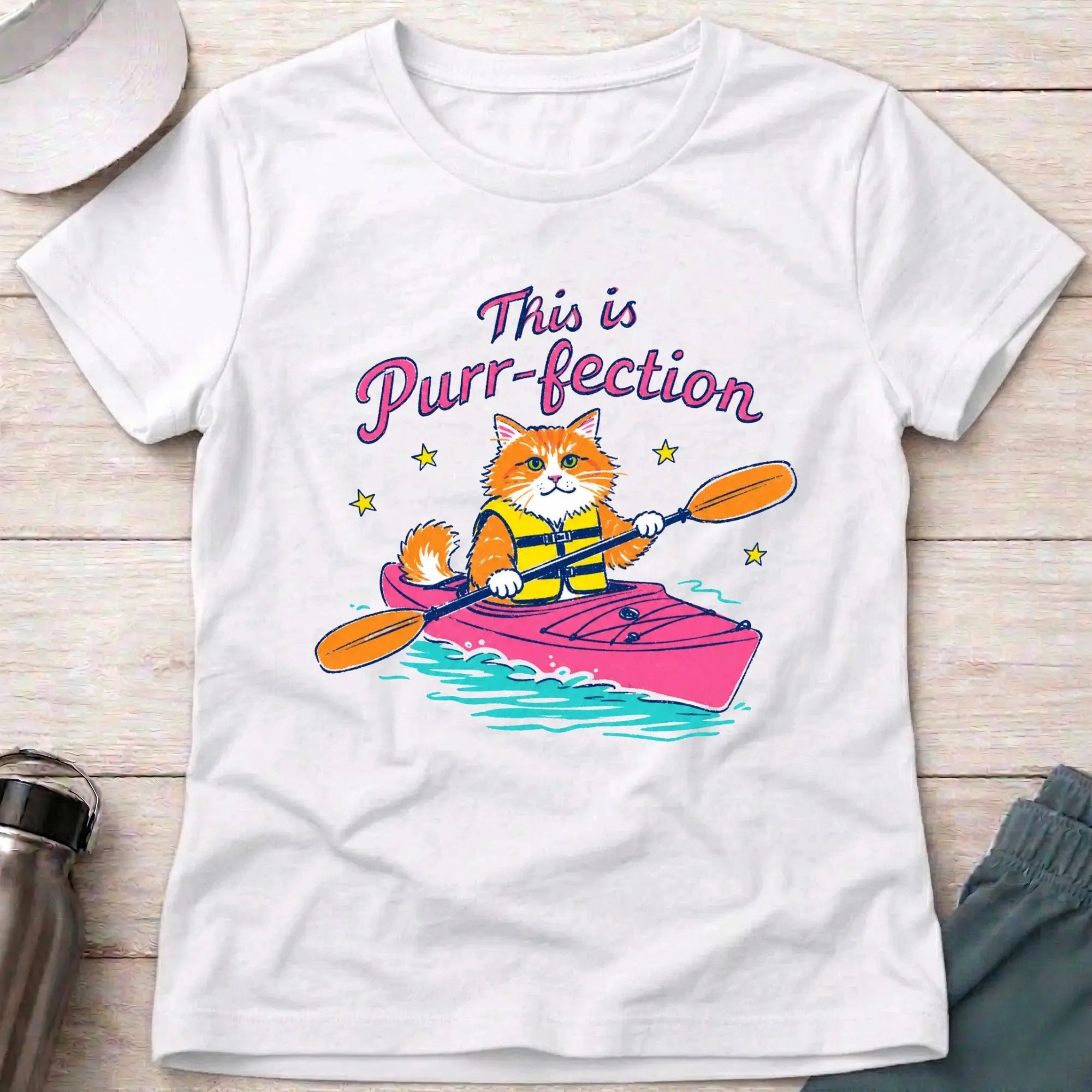 White Purr-fection fitted tee — cat-loving paddler gift — Vector Paddle
