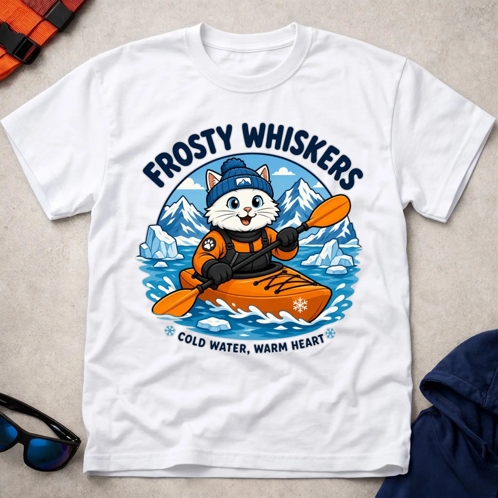 White Frosty Whiskers tee — cold-water paddling gift — Vector Paddle