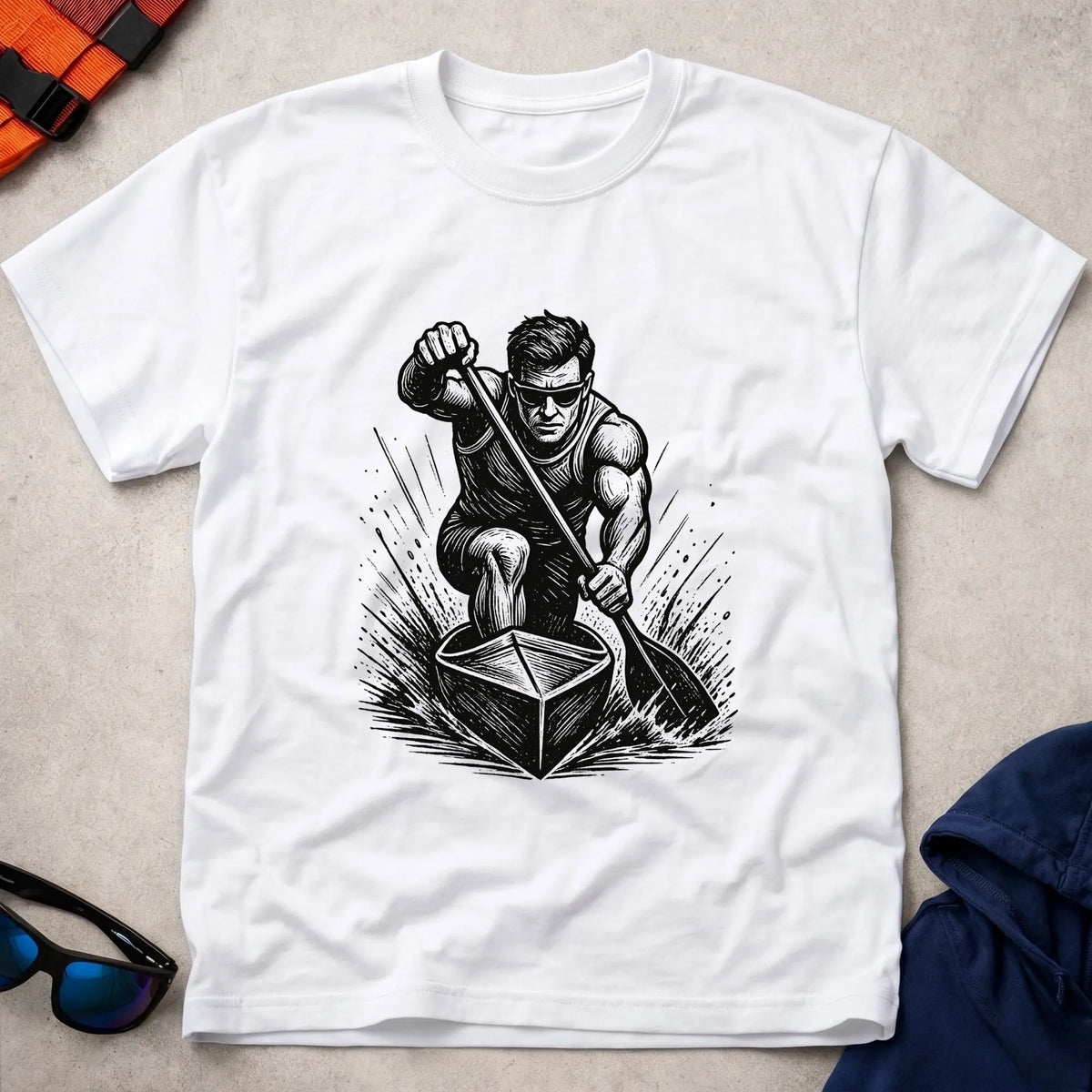 One Knee, One Blade tee in White — woodcut C1 sprint canoeist in full drive — Vector Paddle