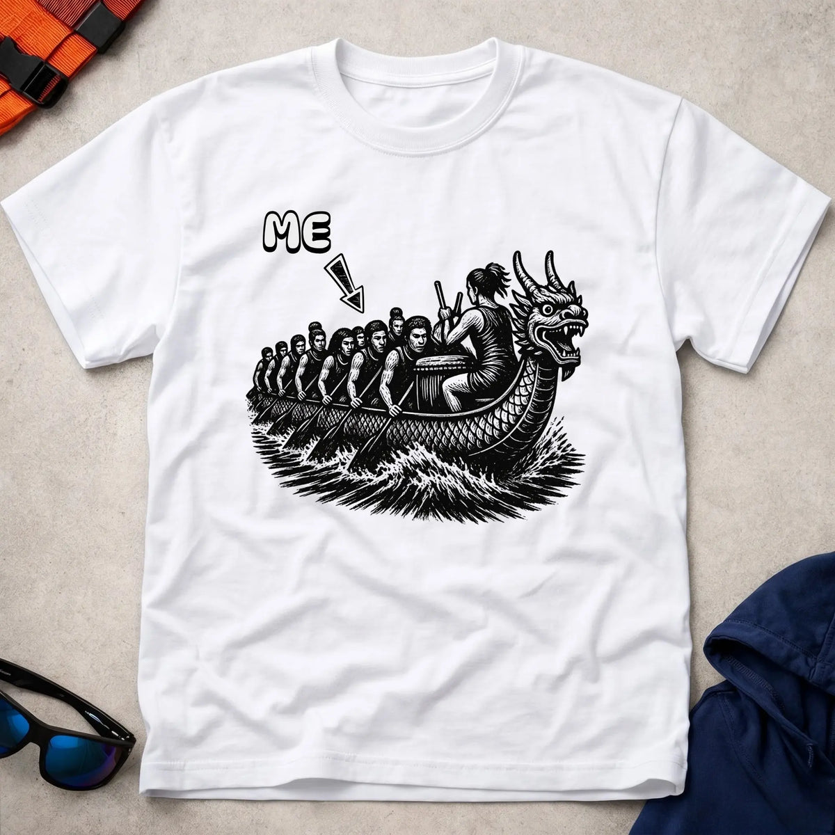That's Me Engine Room tee in White — woodcut dragon boat with 'ME' arrow on a mid-boat paddler — Vector Paddle