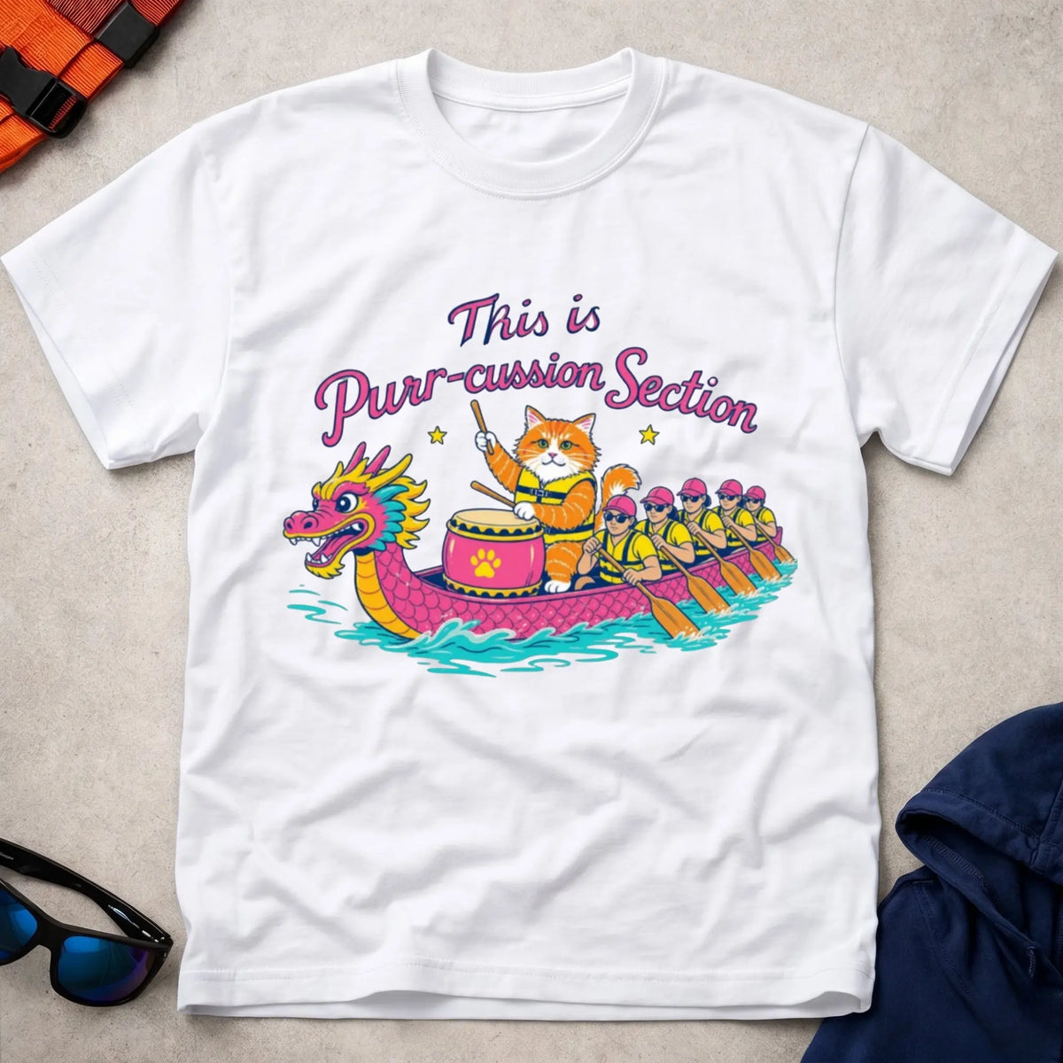 White Purr-cussion Section dragon boat drummer cat tee — Vector Paddle